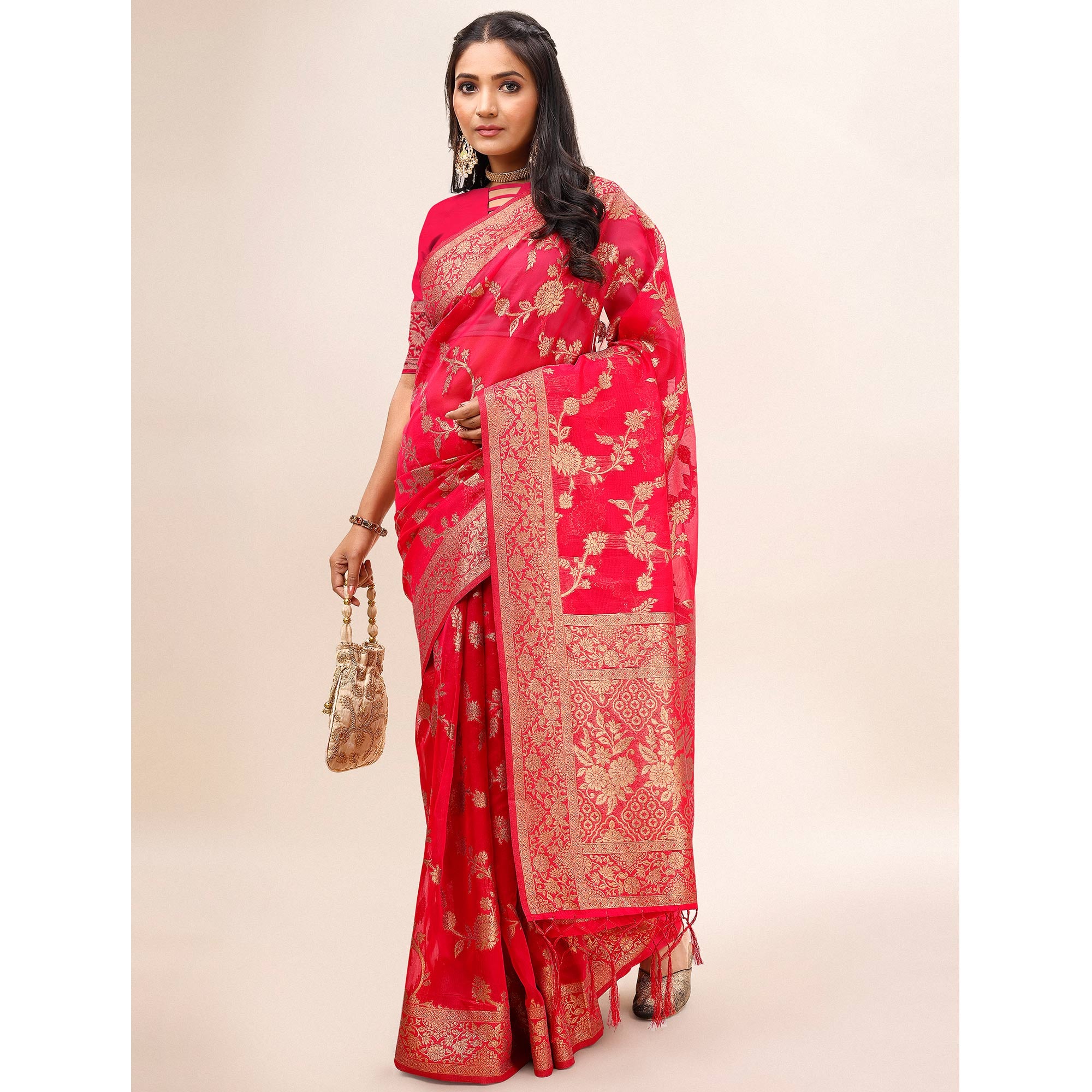 Pink Woven Organza Saree With Tassels