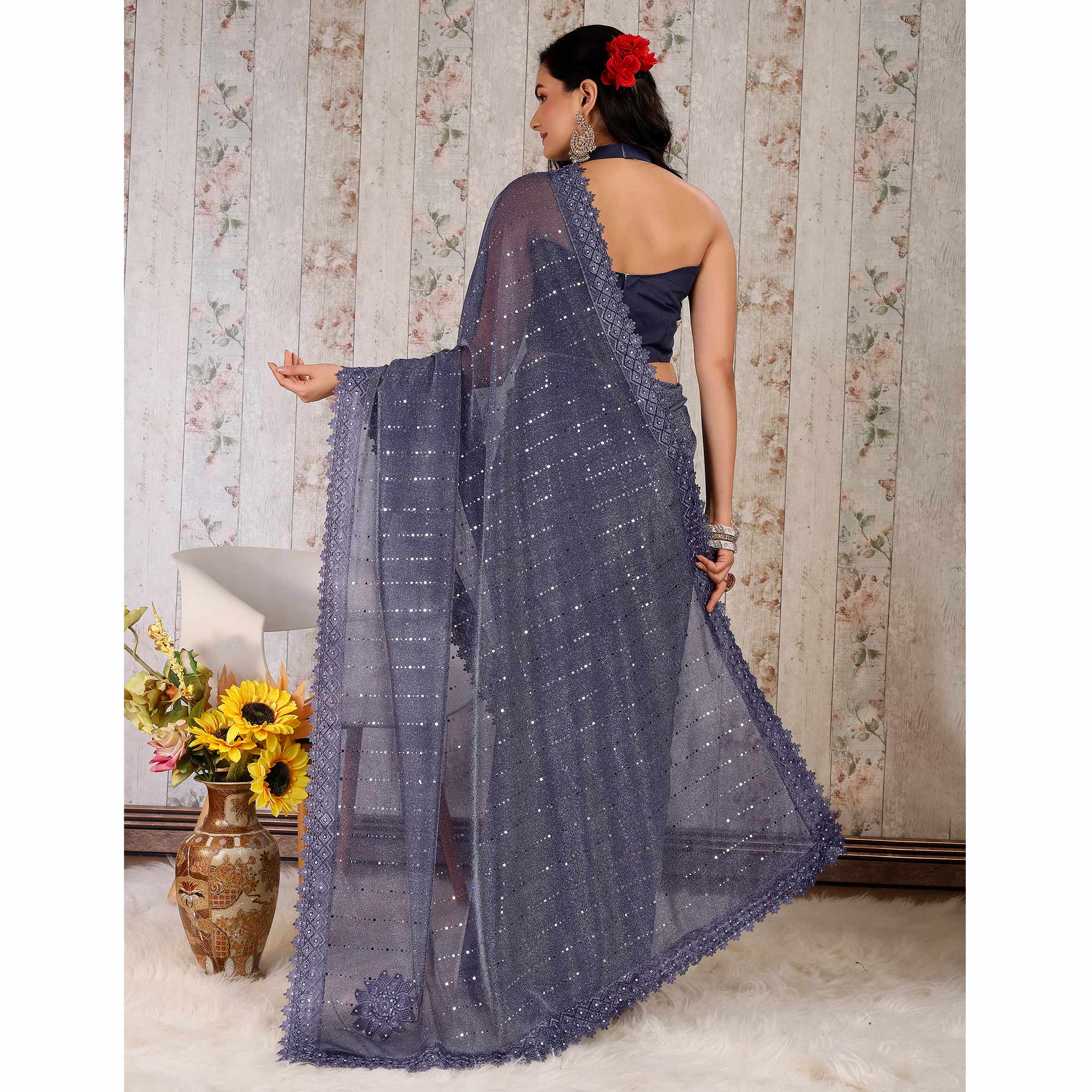 Blue Tikali With Floral Embroidered Lycra Saree