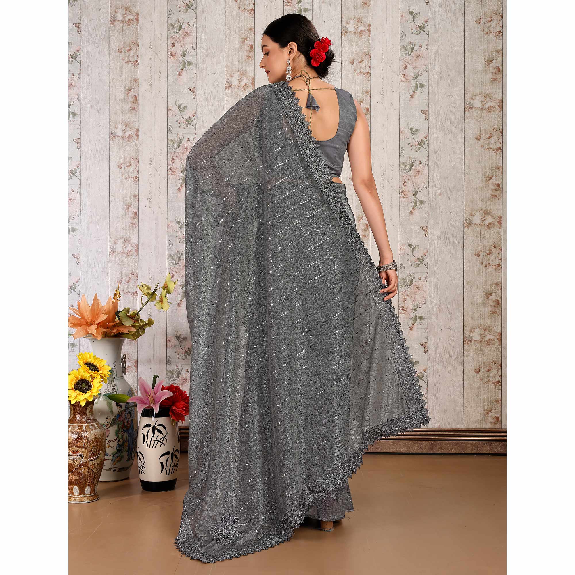 Grey Tikali With Floral Embroidered Lycra Saree