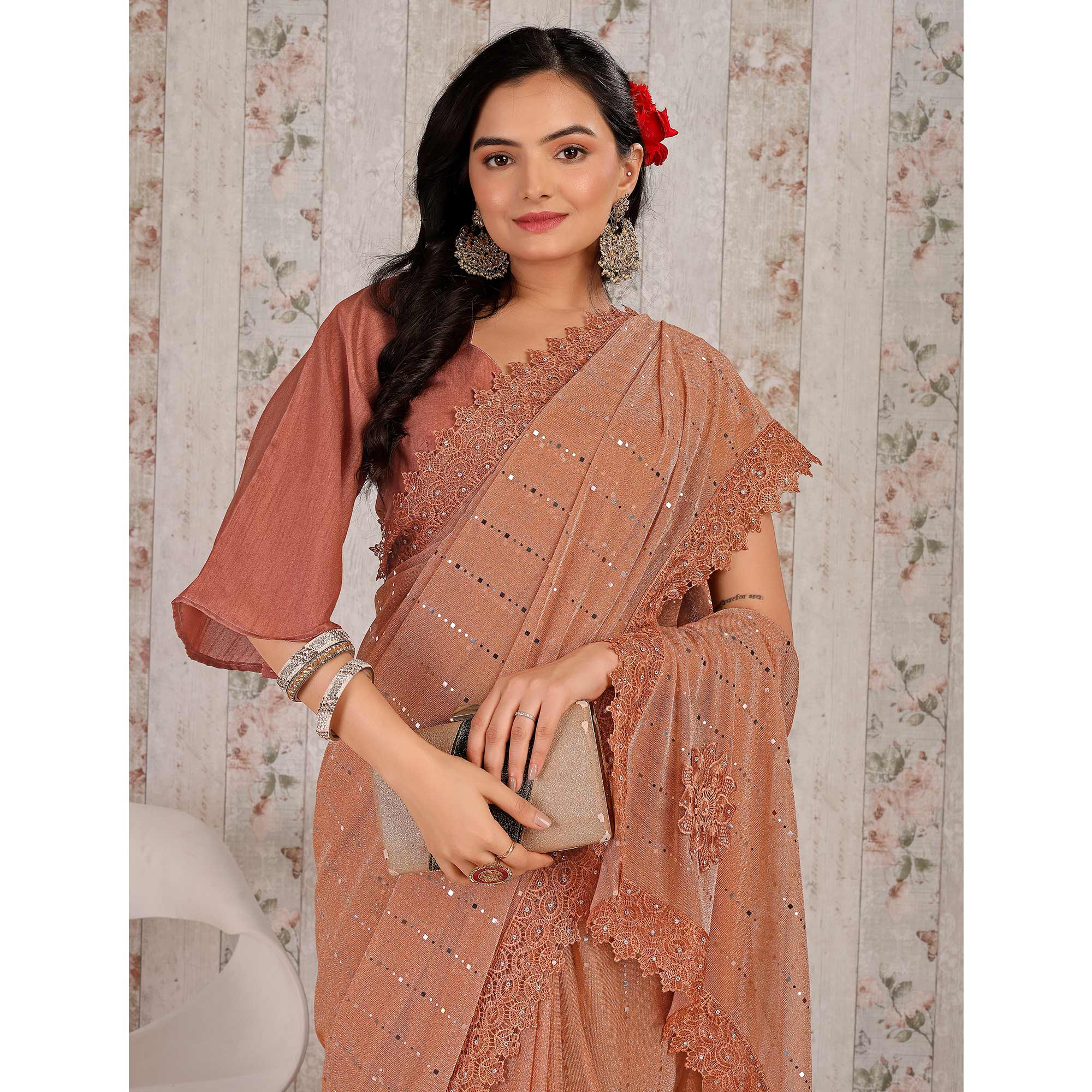 Dusty Peach Tikali With Floral Embroidered Lycra Saree