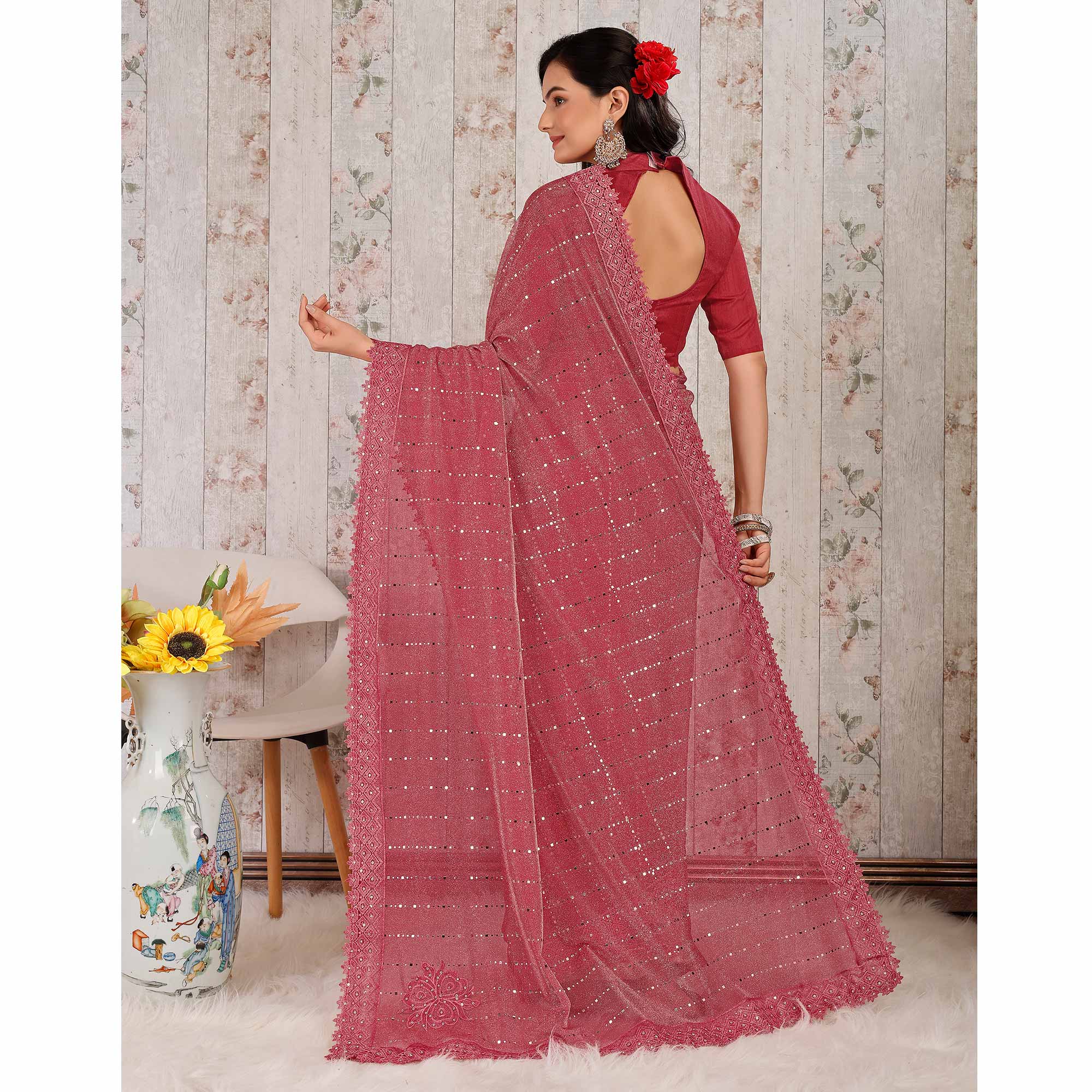 Gajari Pink Tikali With Floral Embroidered Lycra Saree