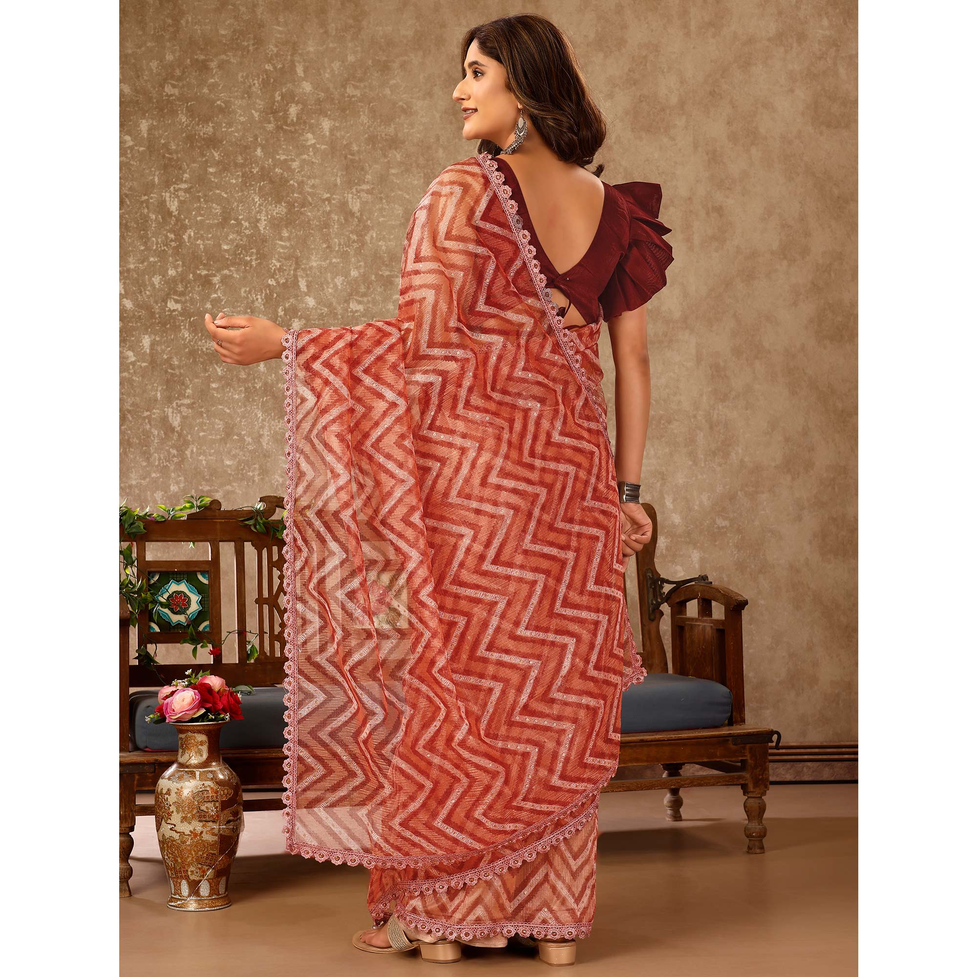 Peach Zig Zag Printed With Stone Work Organza Ready To Wear Saree