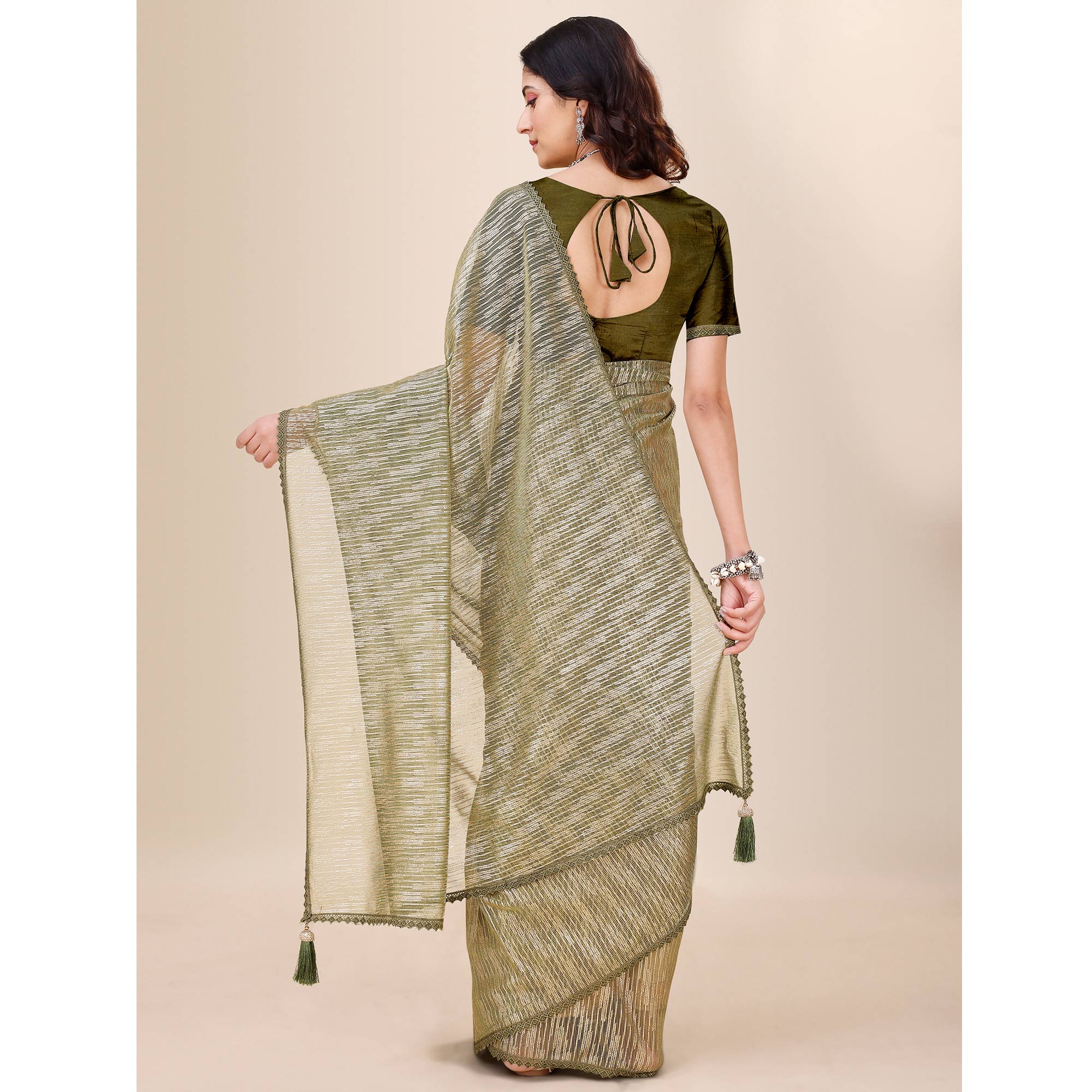 Mehandi Green Foil Printed Lycra Saree