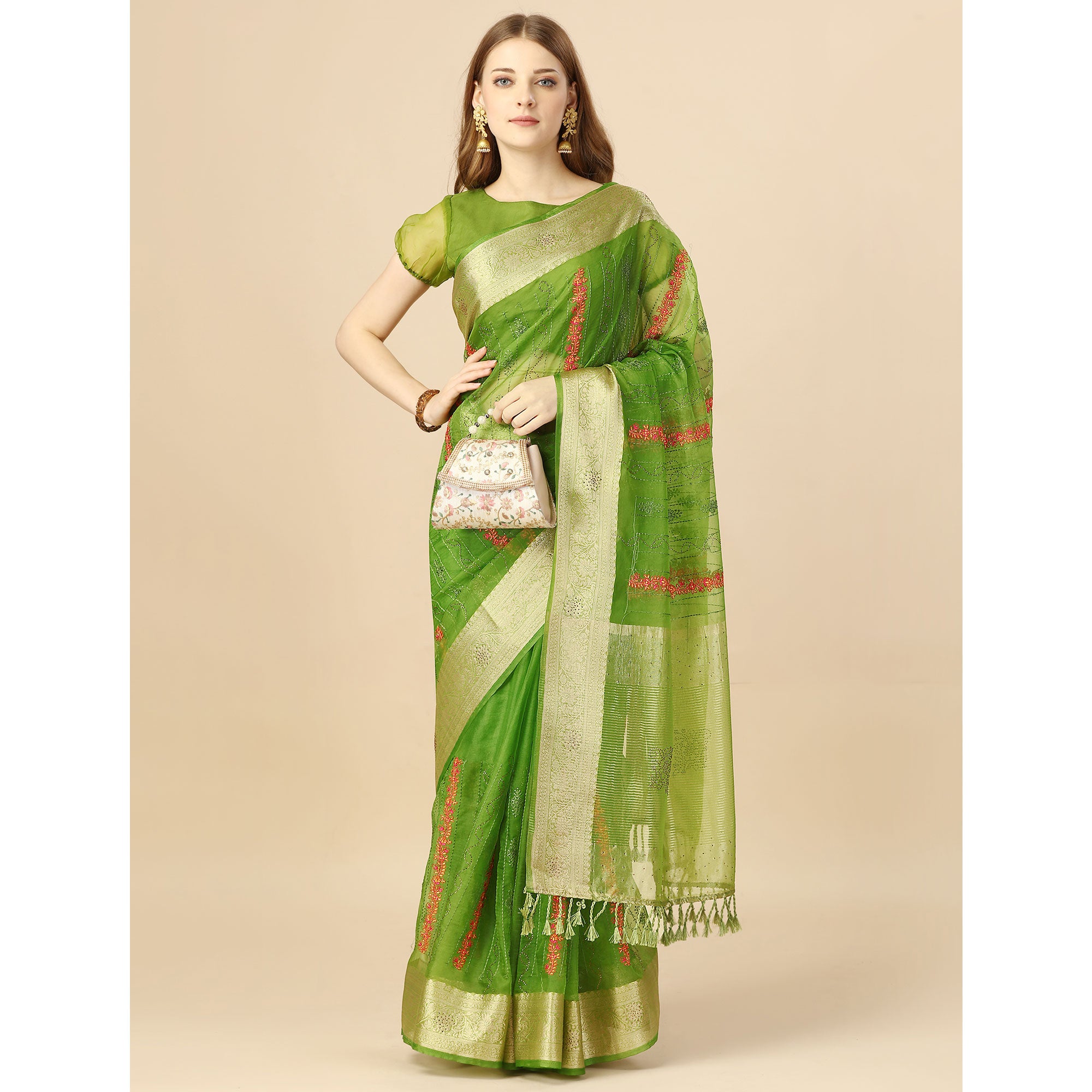 Green Floral Embroidery With Swarovski Work Organza Saree