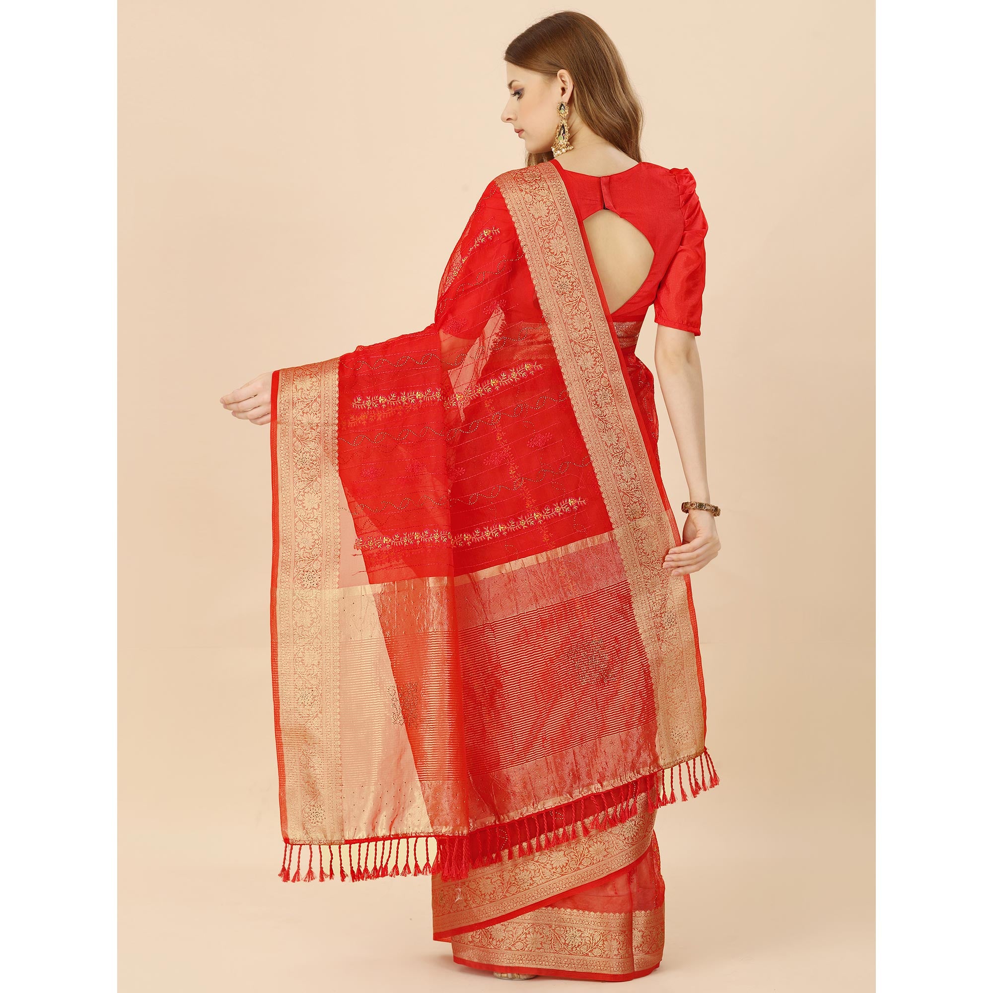 Red Floral Embroidery With Swarovski Work Organza Saree