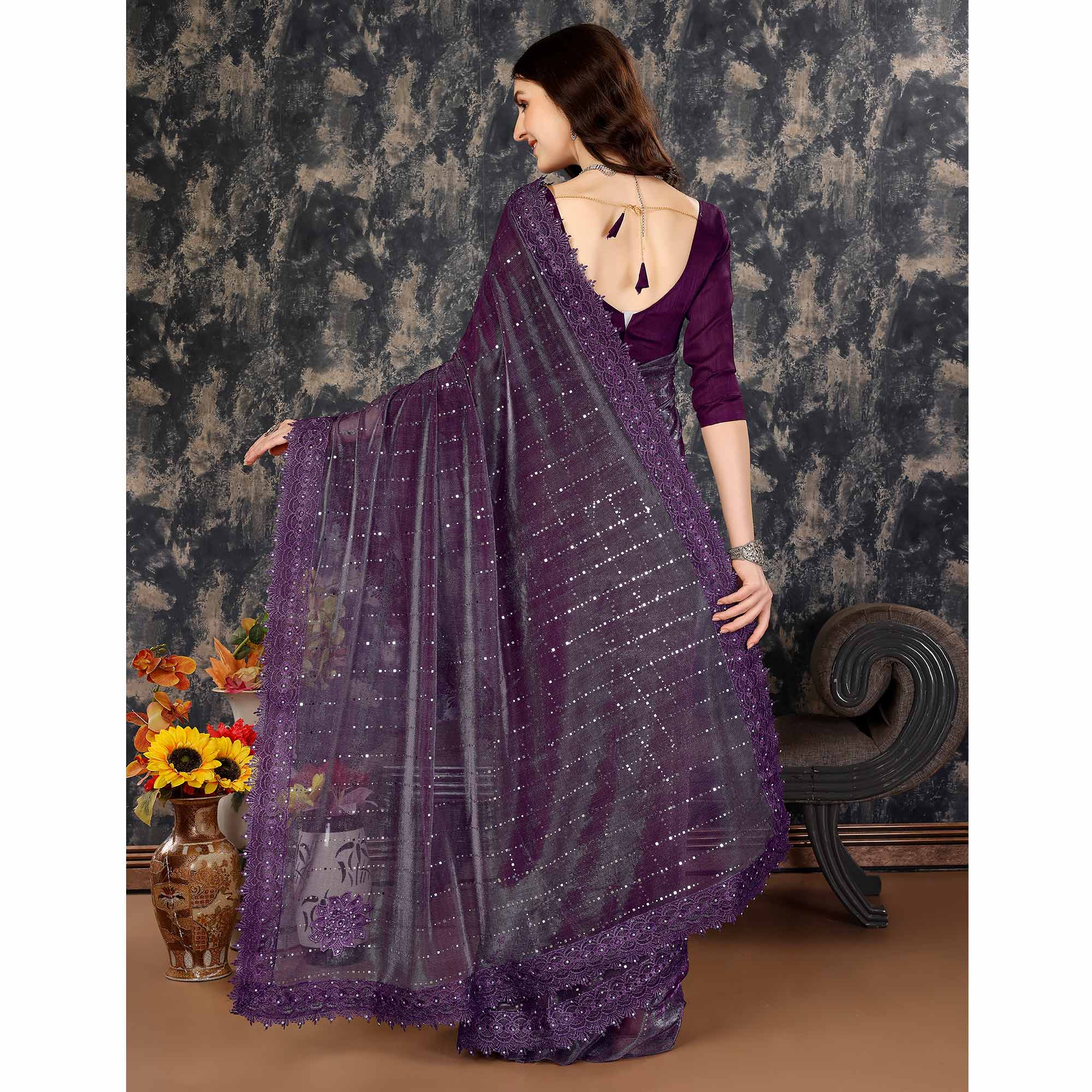 Purple Tikali Work Lycra Saree With Embroidered Lace Border