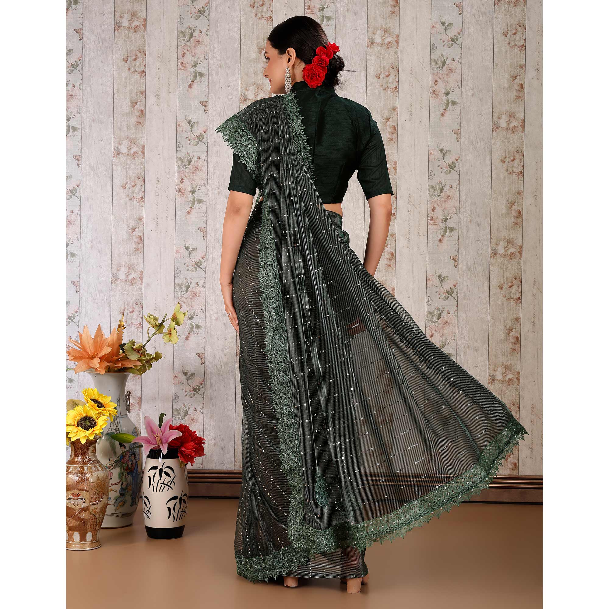 Green Tikali Work Lycra Saree With Embroidered Lace Border