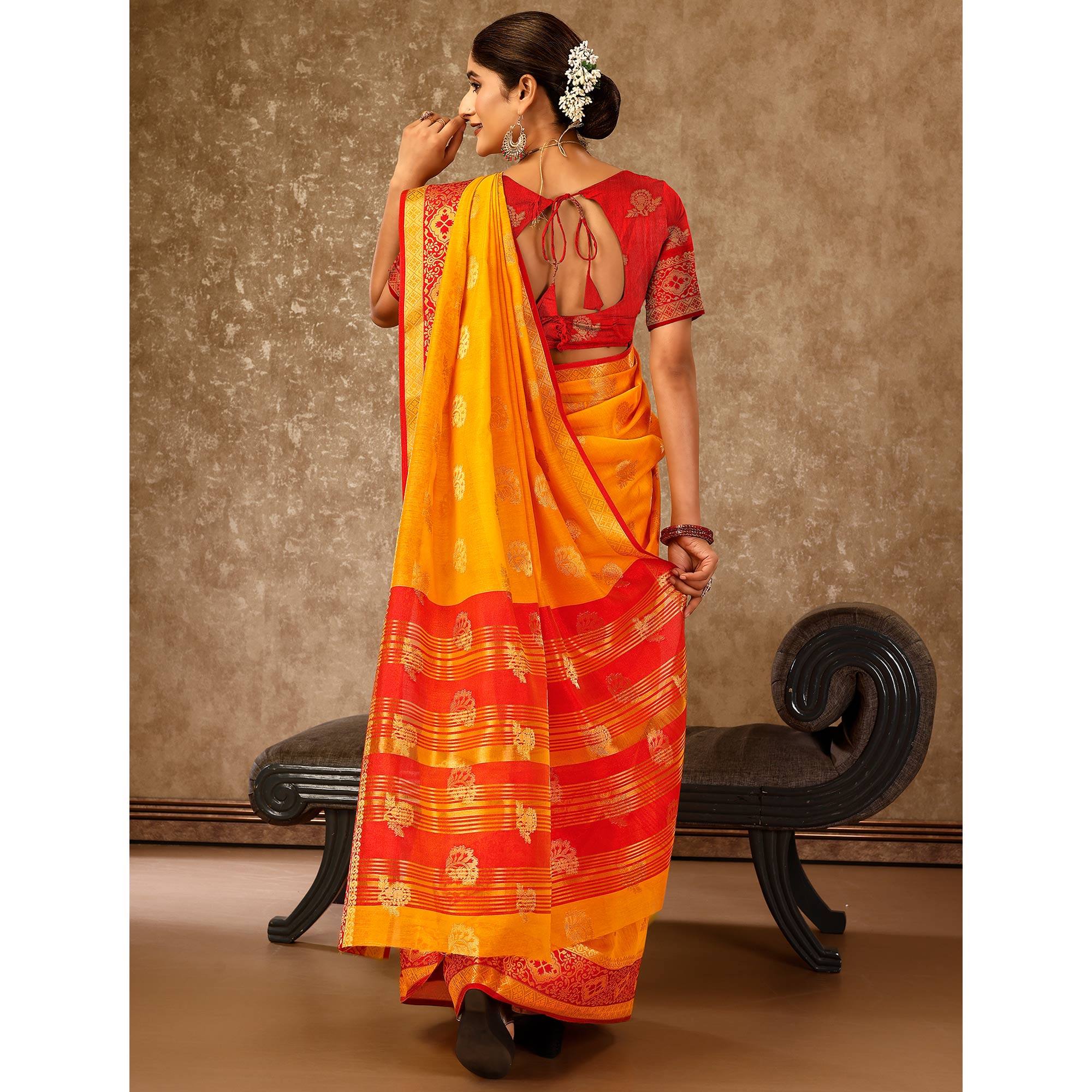 Mustard Floral Zari Woven Cotton Silk Saree