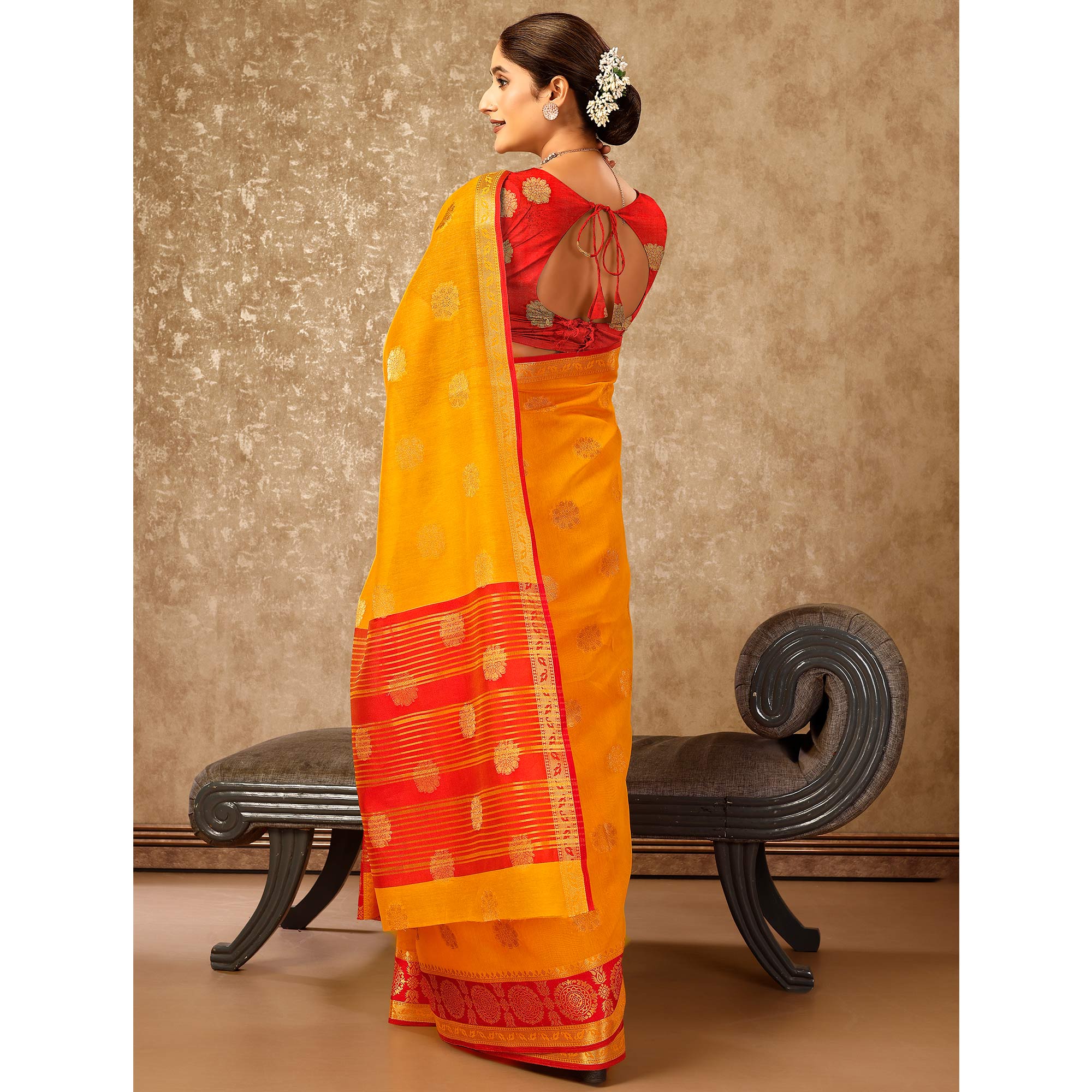 Mustard Floral Zari Woven Cotton Silk Saree