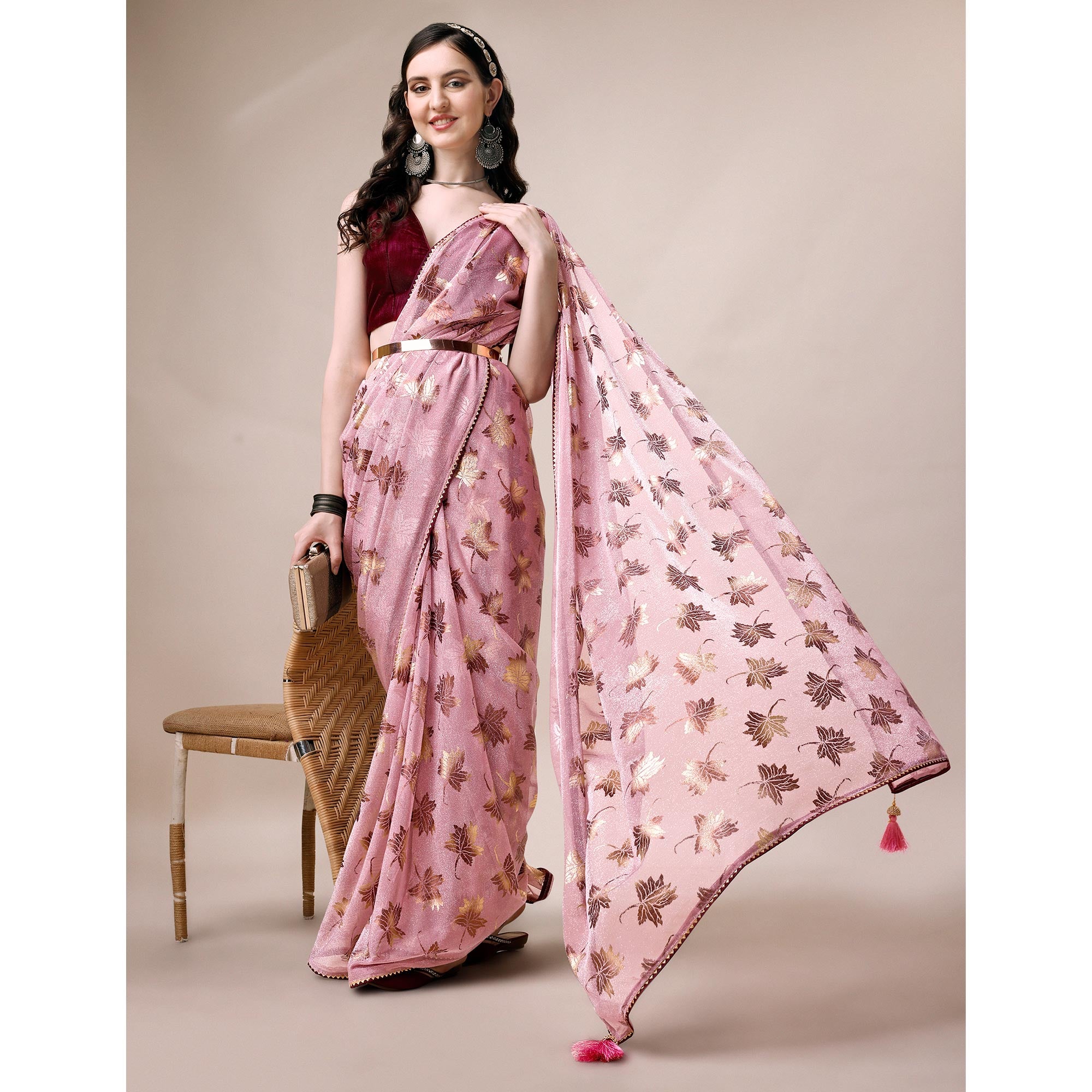 Pink Floral Foil Printed Rayon Saree
