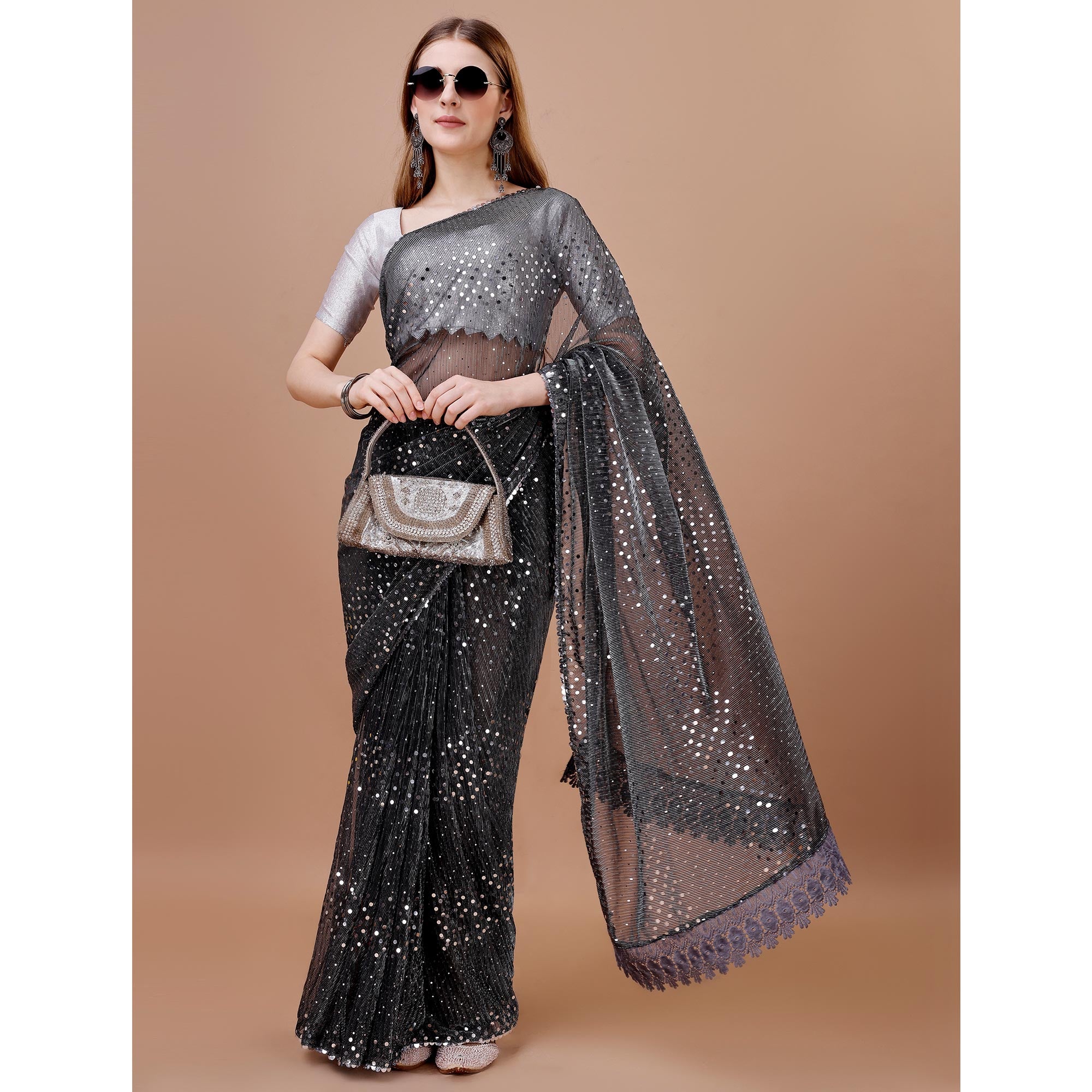 Black Sequins Embroidered Lycra Saree