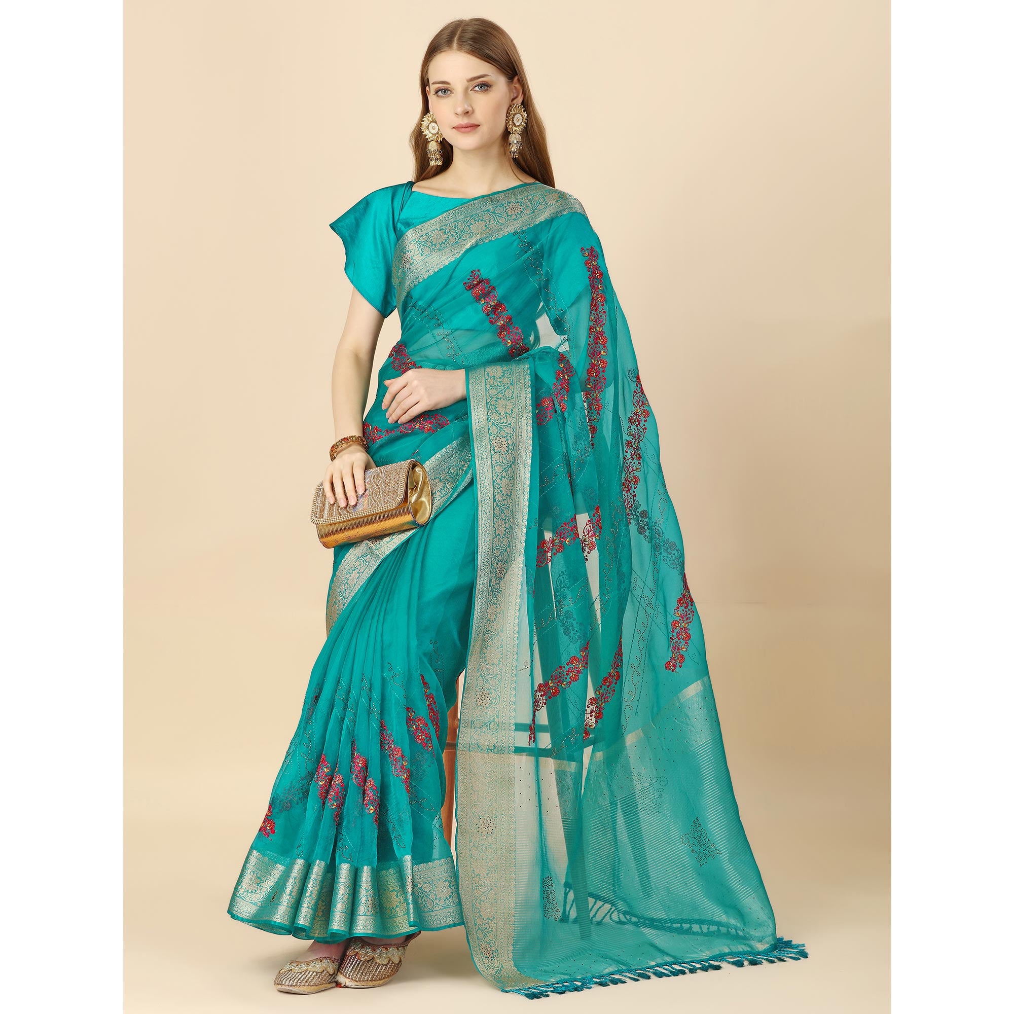 Rama Blue Floral Embroidery With Swarovski Work Organza Saree