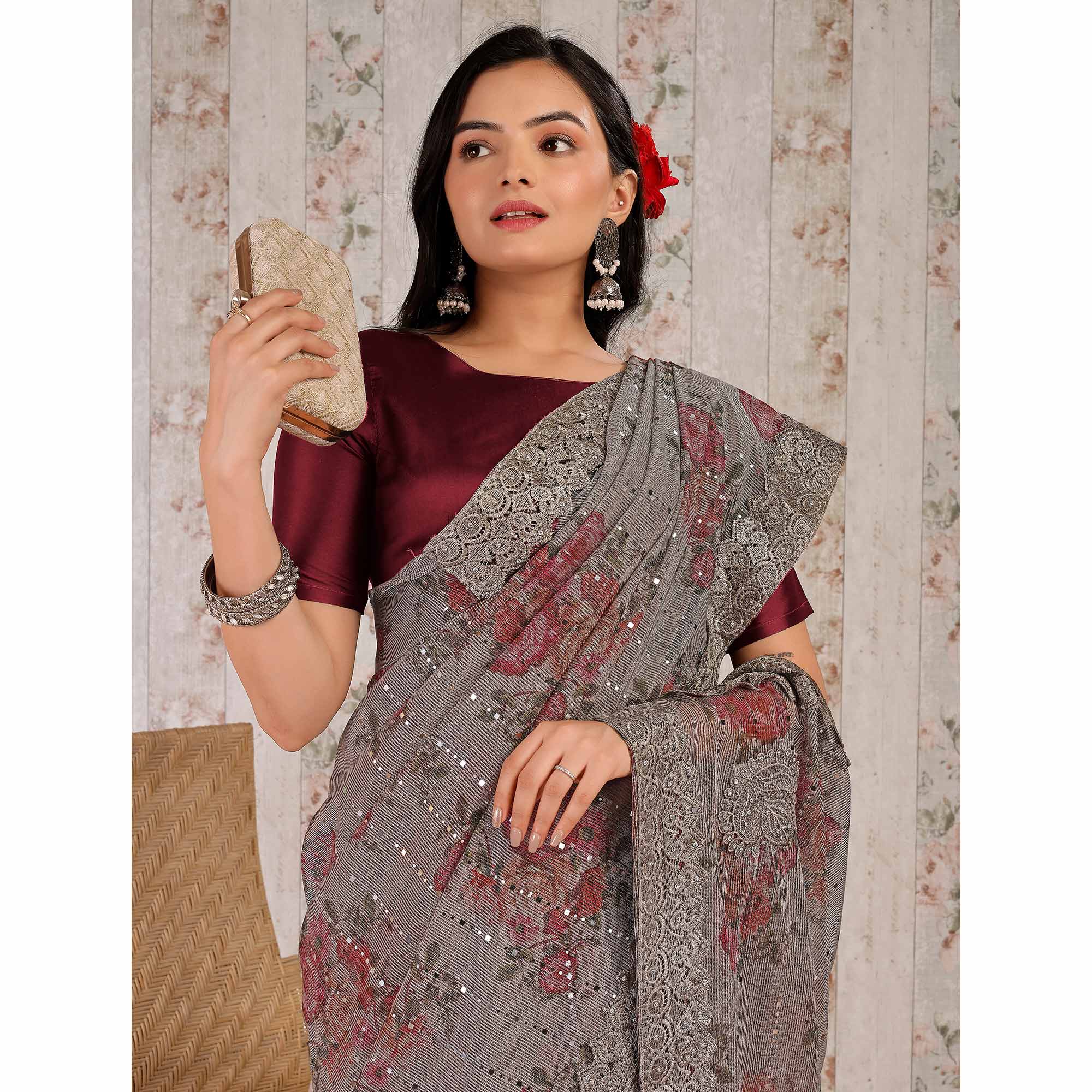 Grey Floral Digital Printed Lycra Saree With Embroidered Border