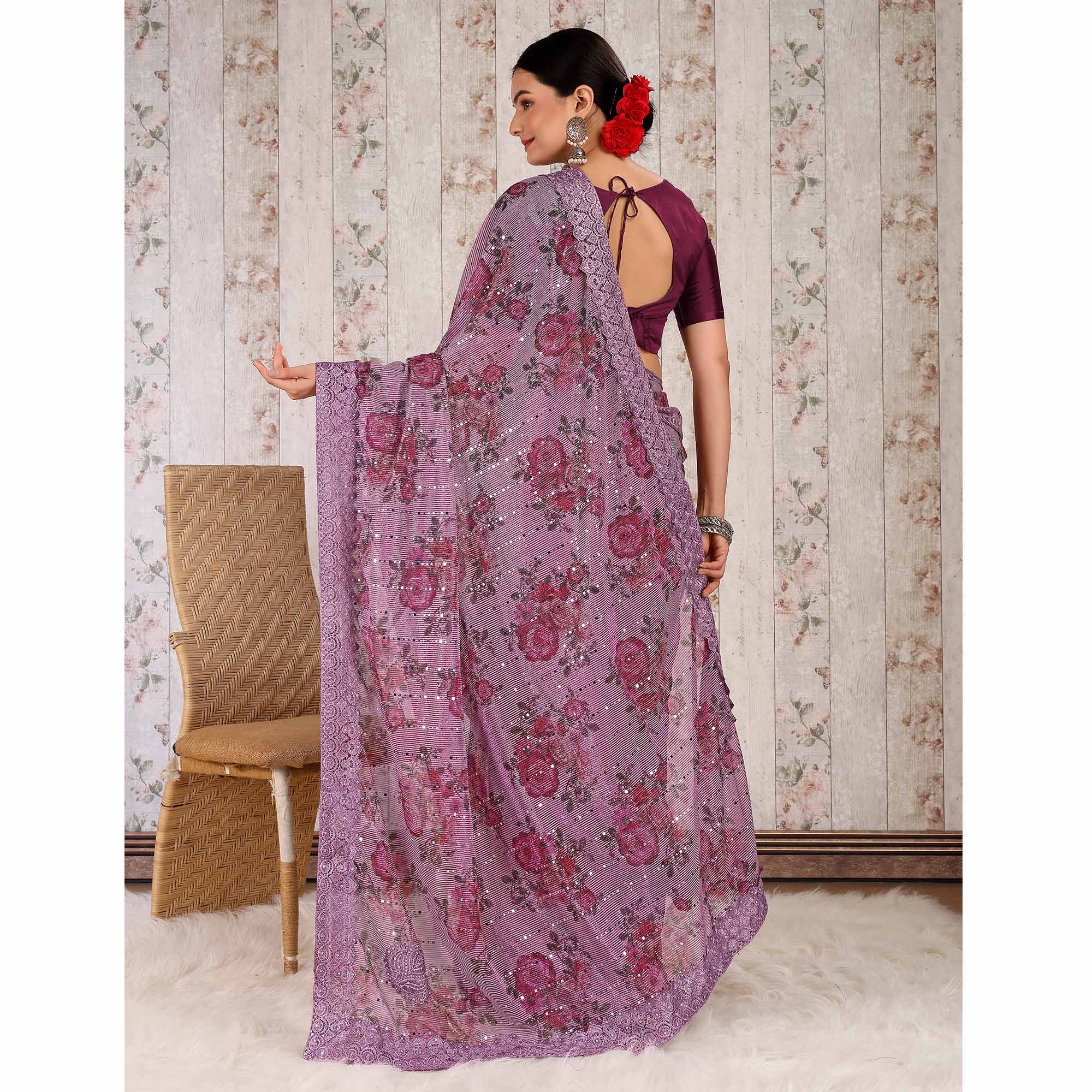 Purple Floral Digital Printed Lycra Saree With Embroidered Border