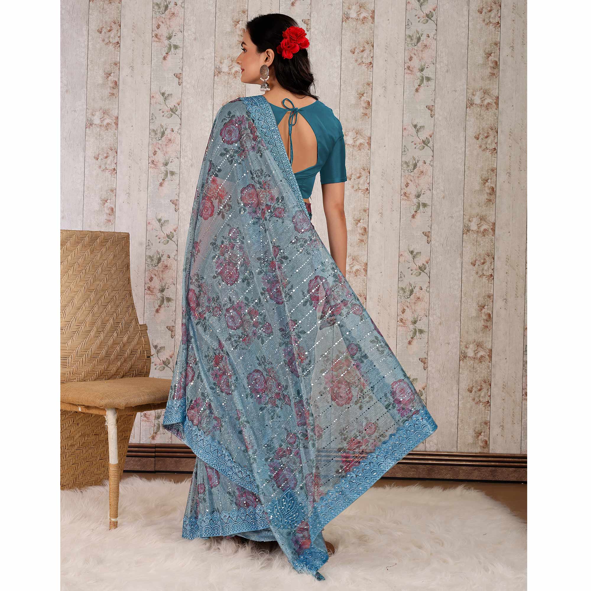 Blue Floral Digital Printed Lycra Saree With Embroidered Border