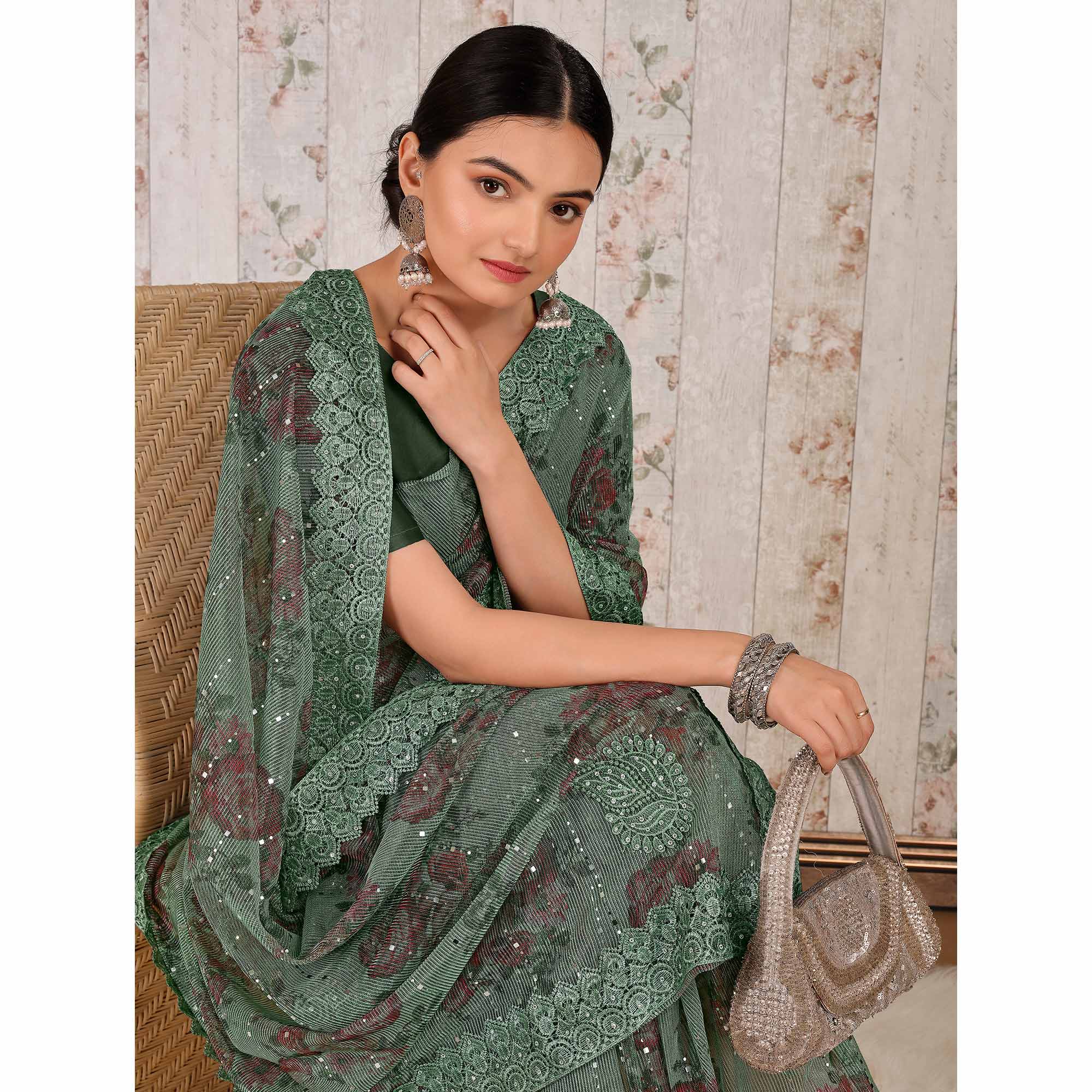 Green Floral Digital Printed Lycra Saree With Embroidered Border