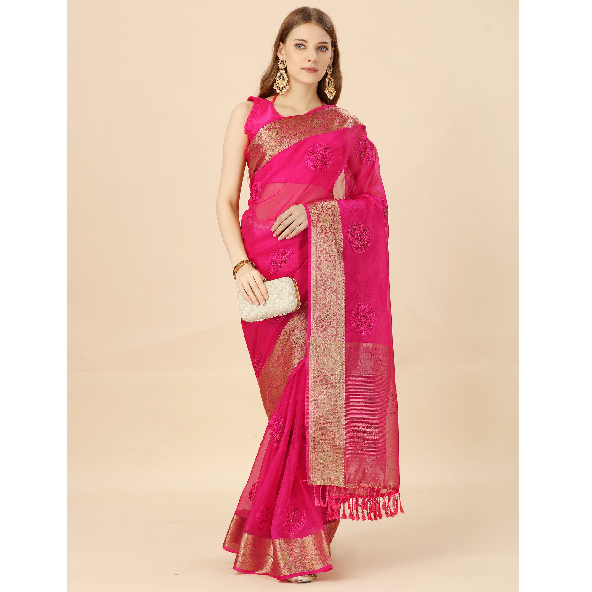 Rani Pink Floral Embroidery With Swarovski Work Organza Saree