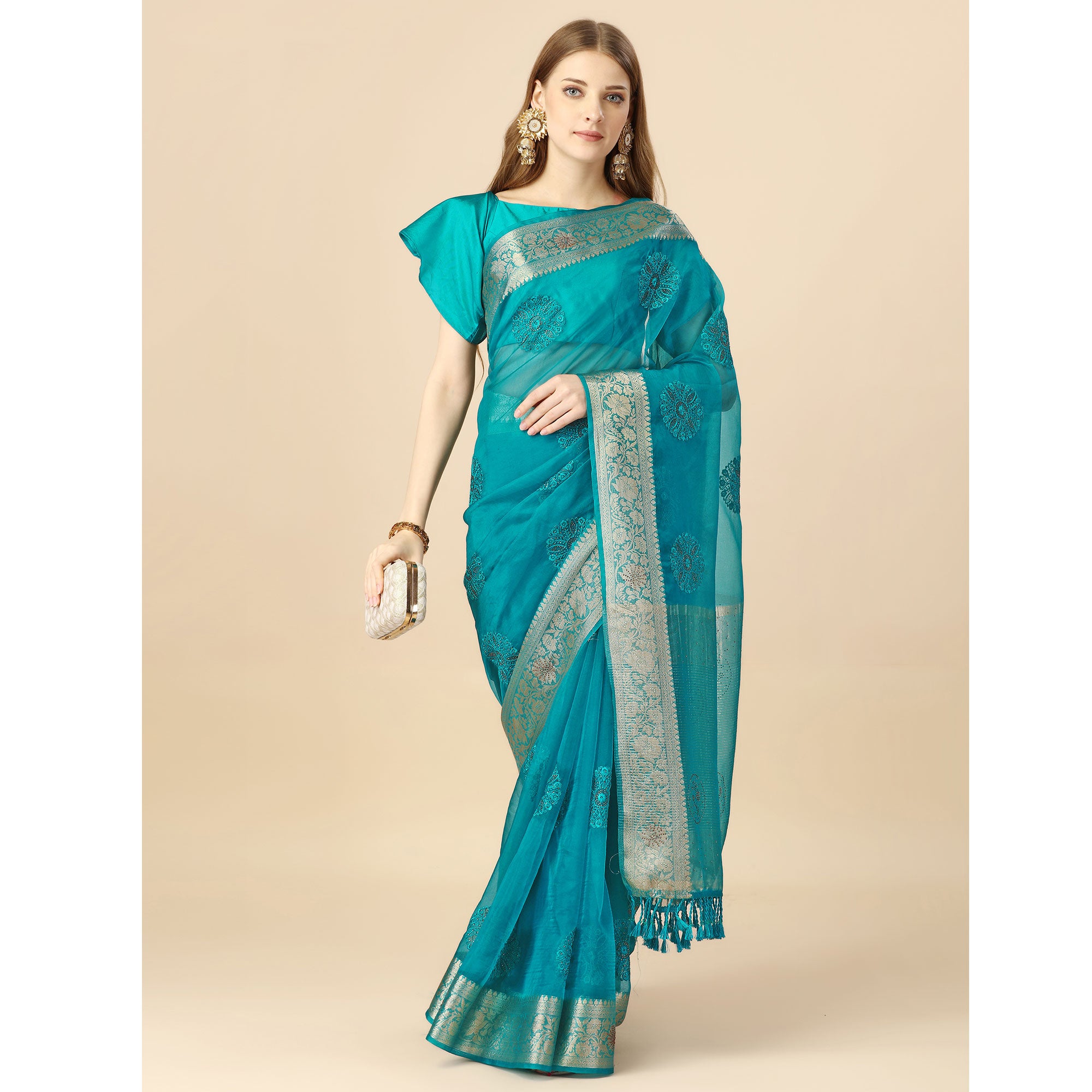 Rama Blue Floral Embroidery With Swarovski Work Organza Saree