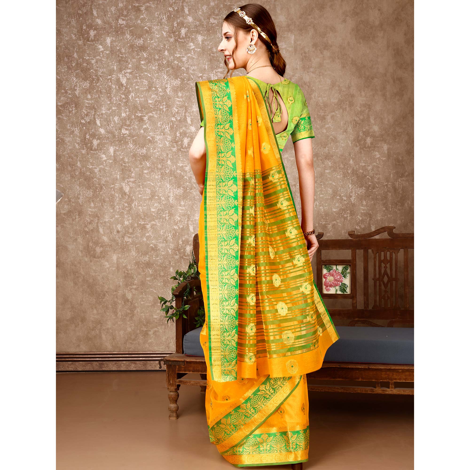 Yellow Floral Woven Cotton Silk Saree