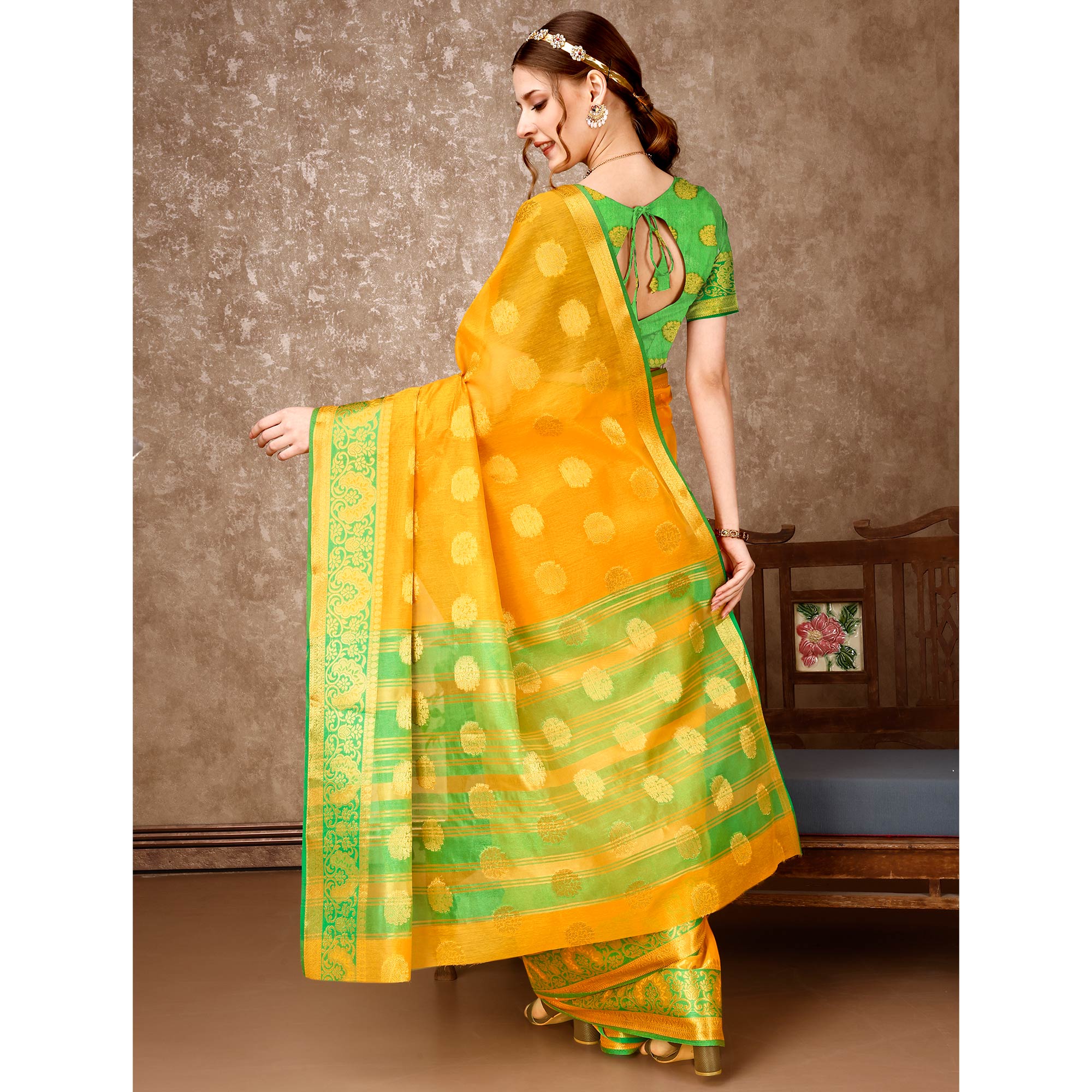 Yellow Floral Woven Cotton Silk Saree