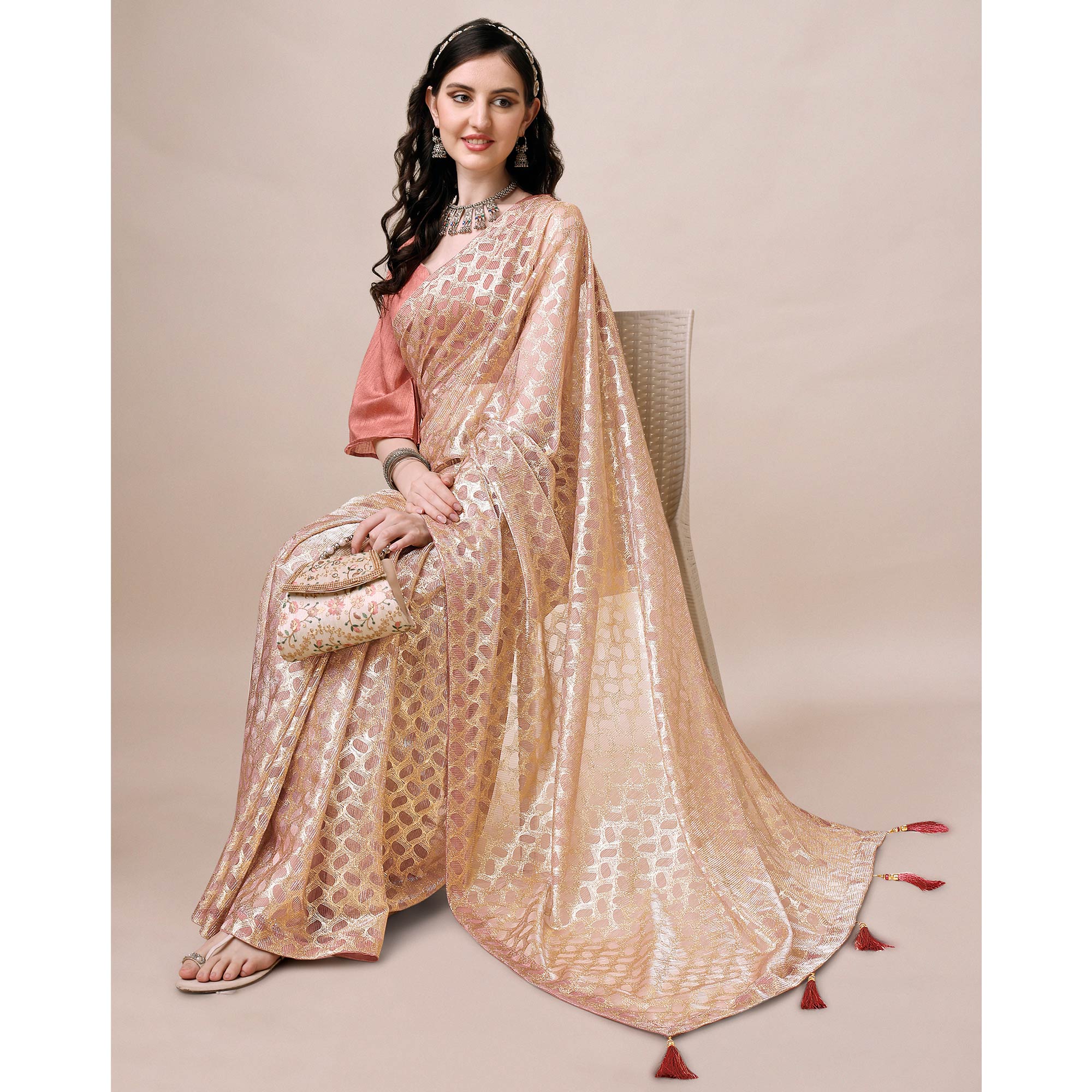 Onion Pink Foil Printed Rayon Saree