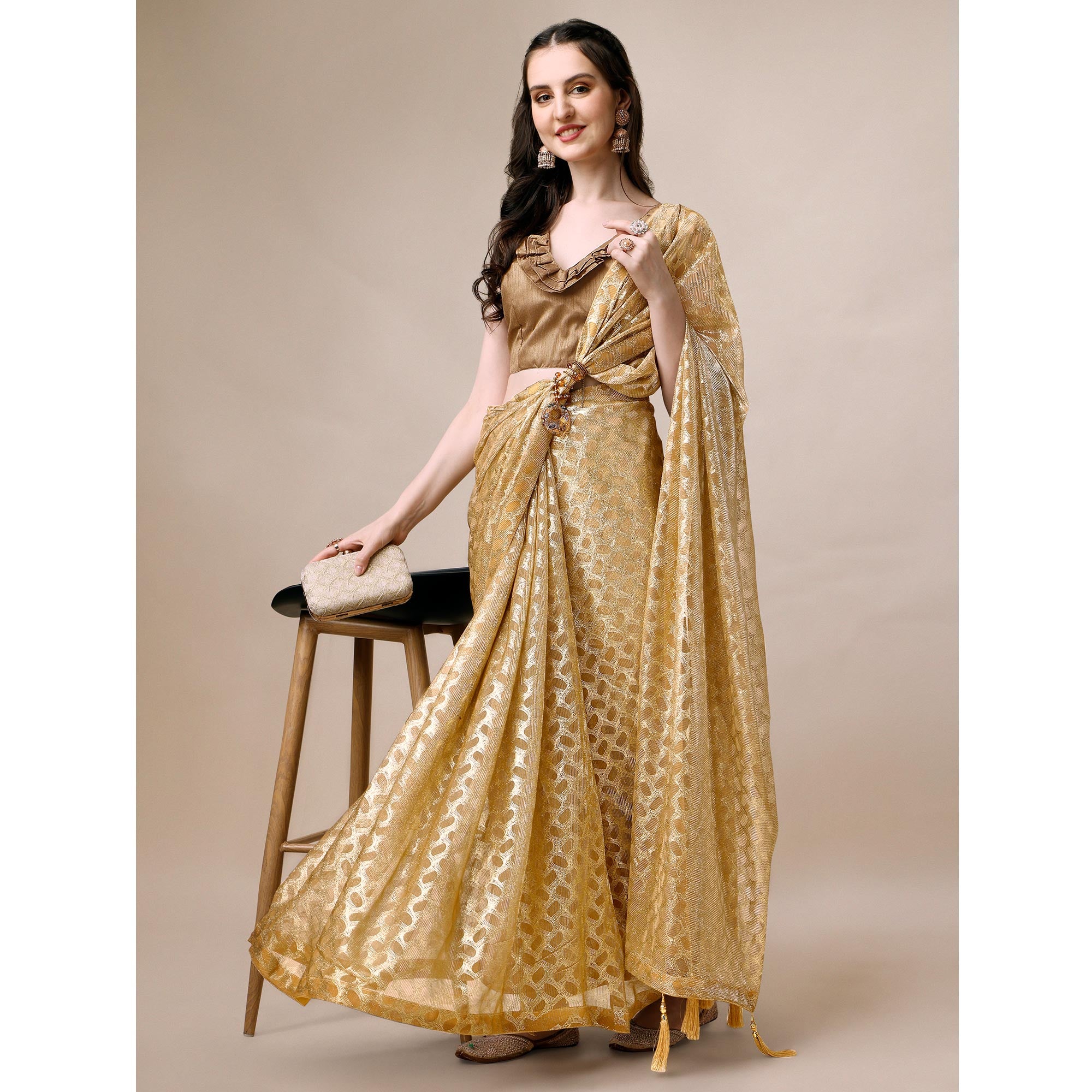 Mustard Foil Printed Rayon Saree