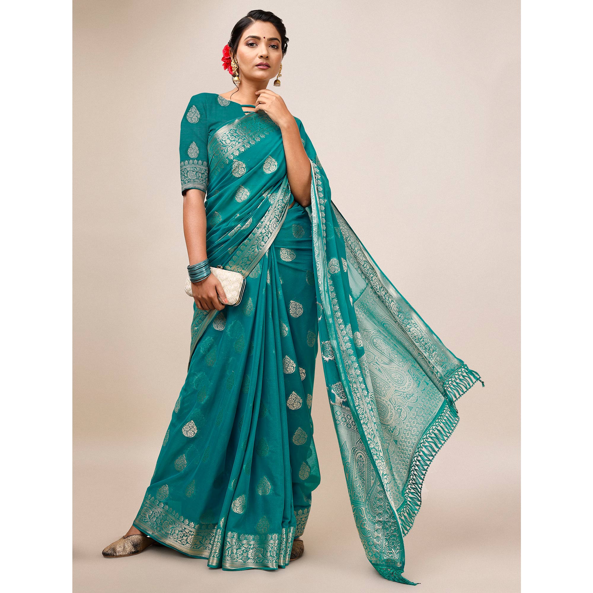 Turquoise Blue Woven Chiffon Saree With Tassels