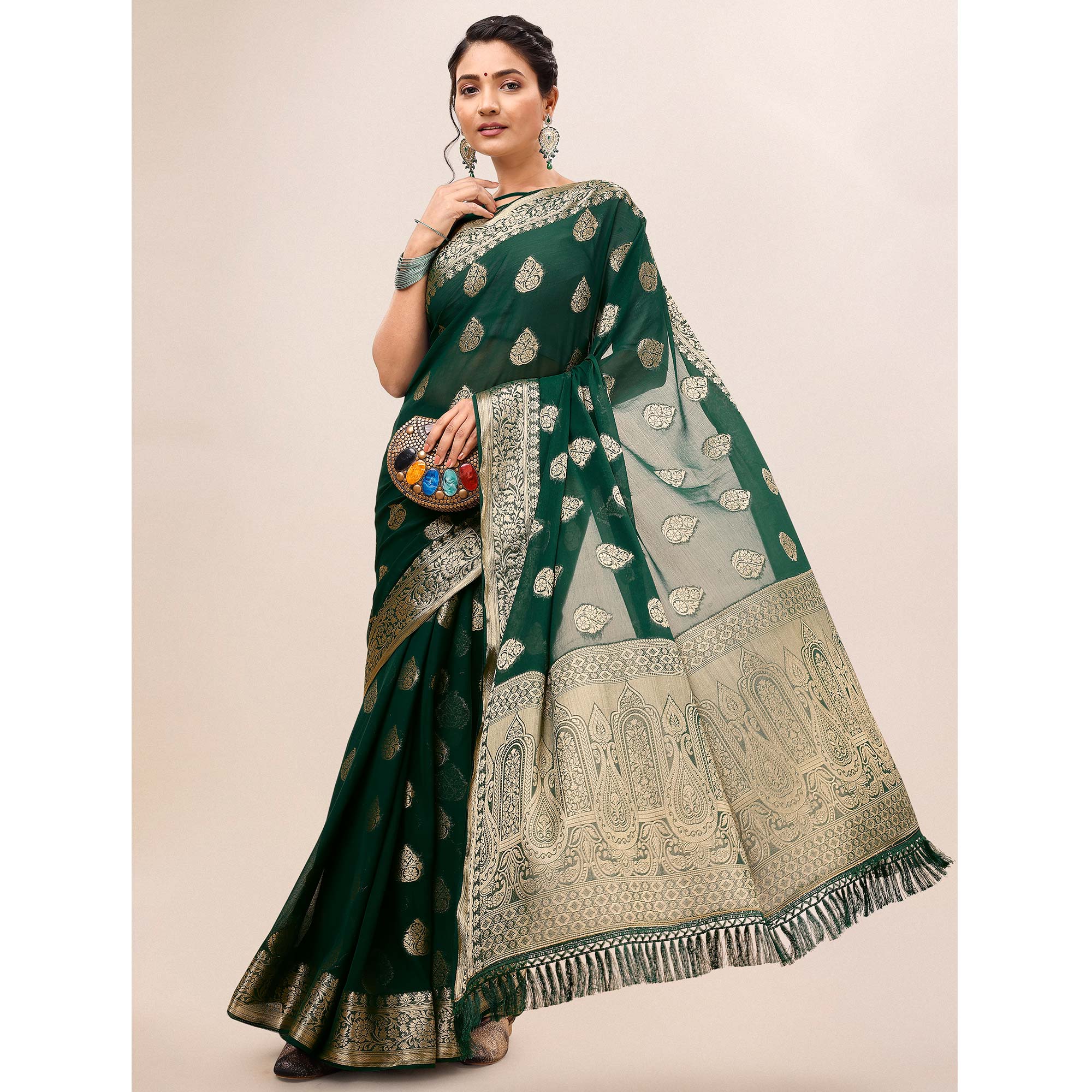 Dark Green Woven Chiffon Saree With Tassels