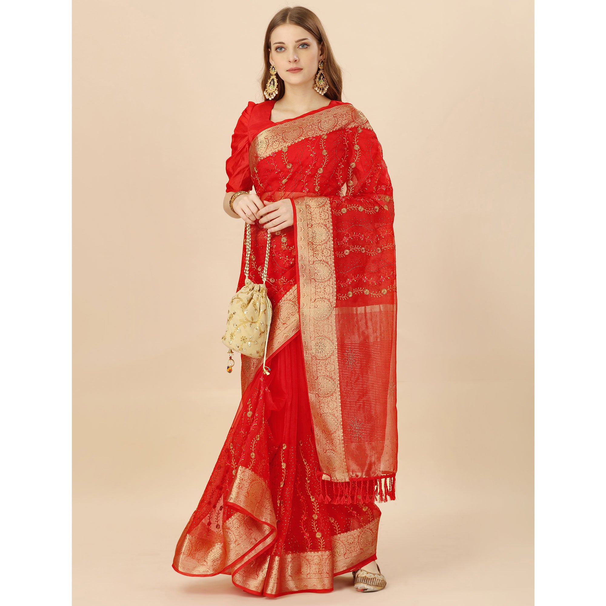 Red Floral Embroidery With Swarovski Work Organza Saree