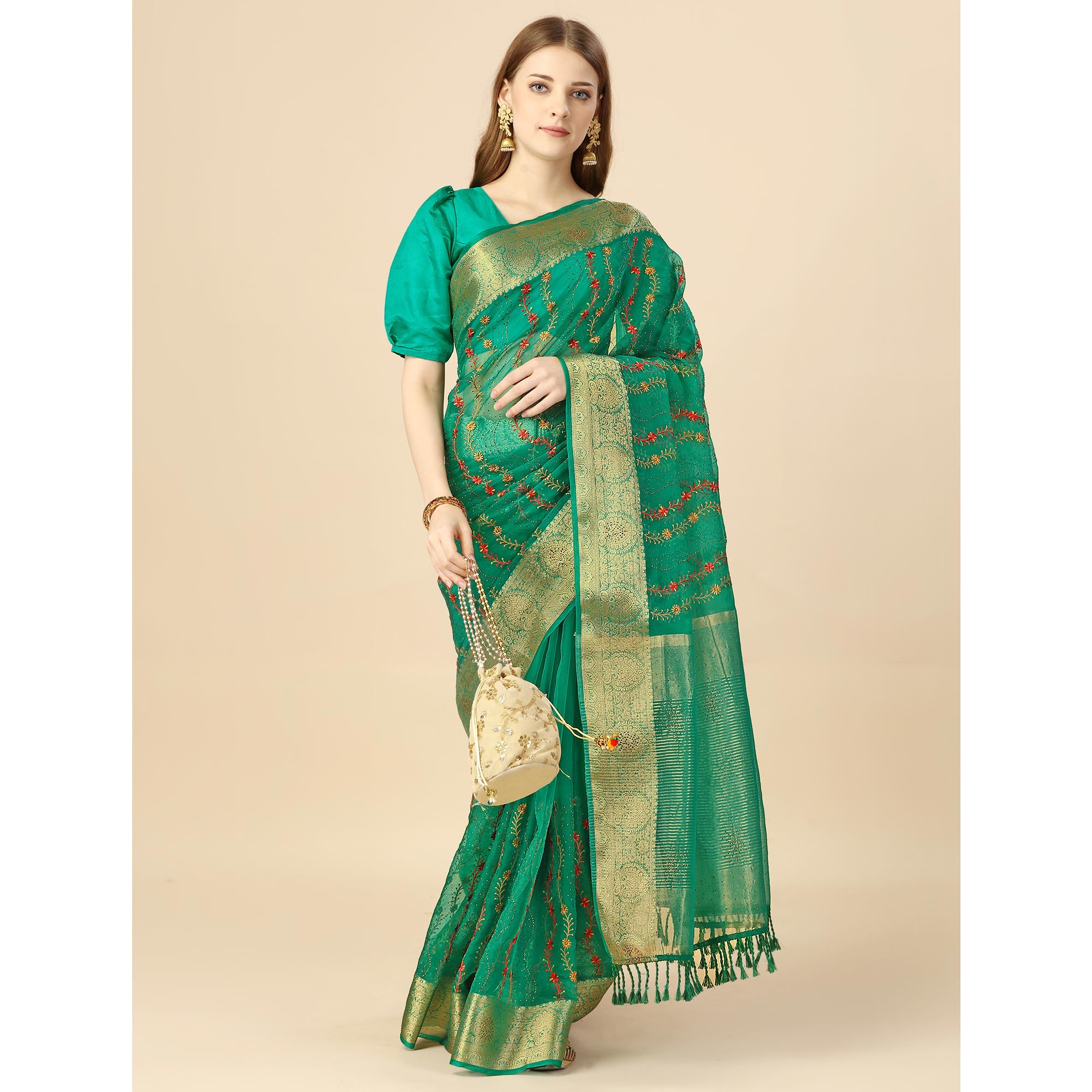 Green Floral Embroidery With Swarovski Work Organza Saree