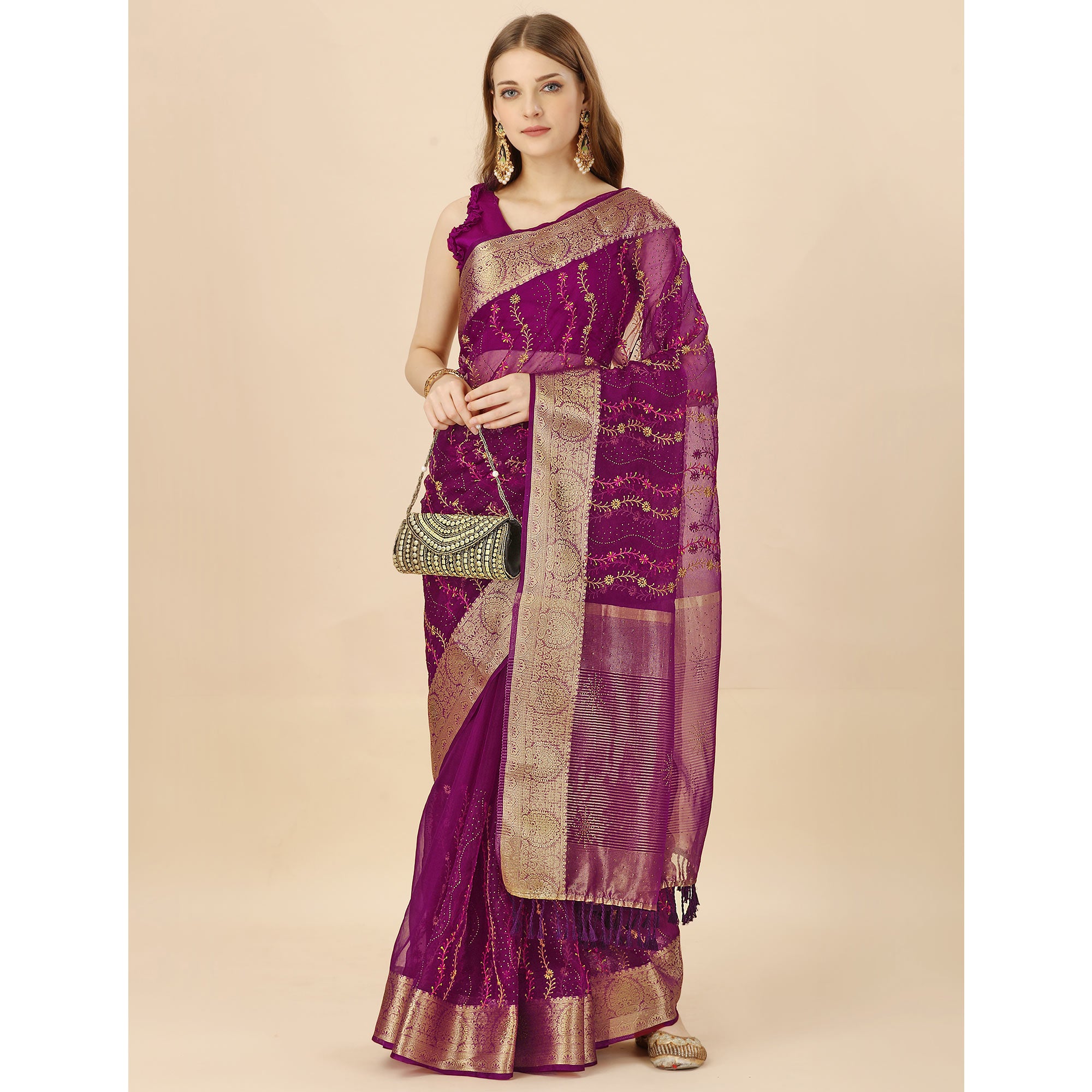 Purple Floral Embroidery With Swarovski Work Organza Saree