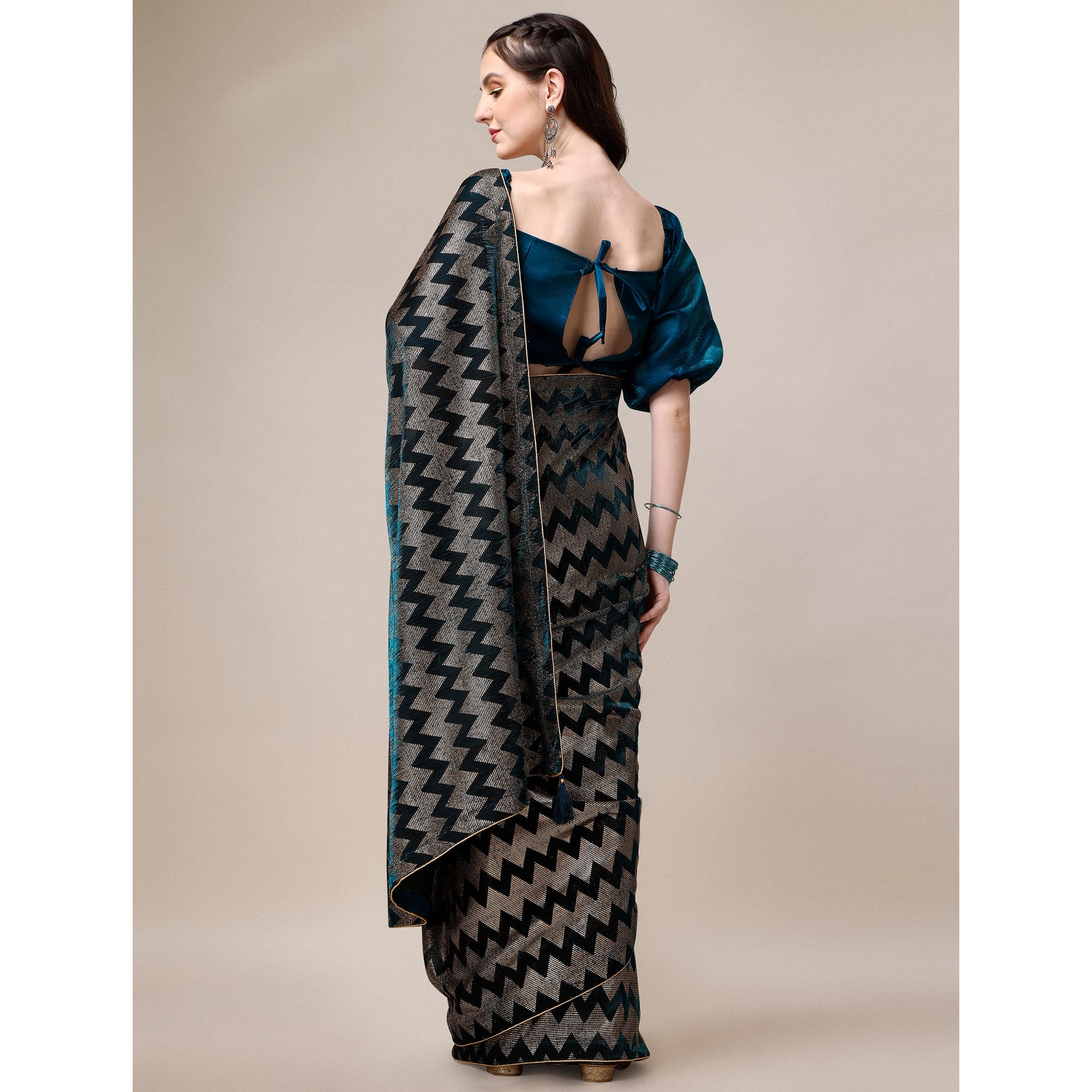 Teal Blue Digital Foil Printed Rayon Saree