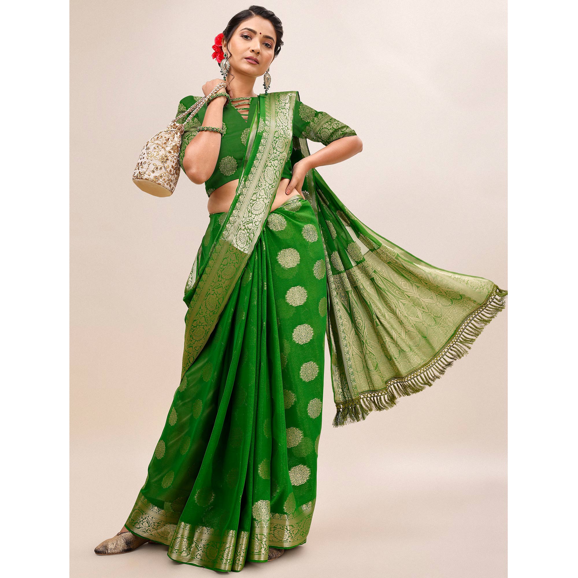 Green Woven Chiffon Saree With Tassels