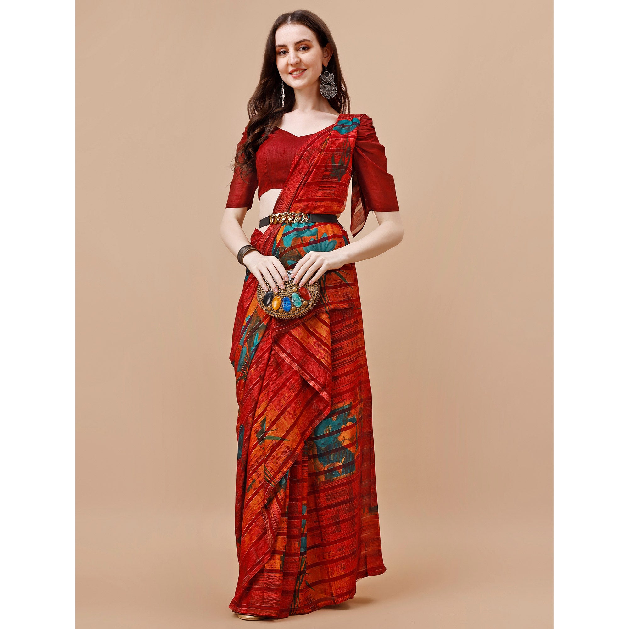 Red Floral Printed Georgette Saree