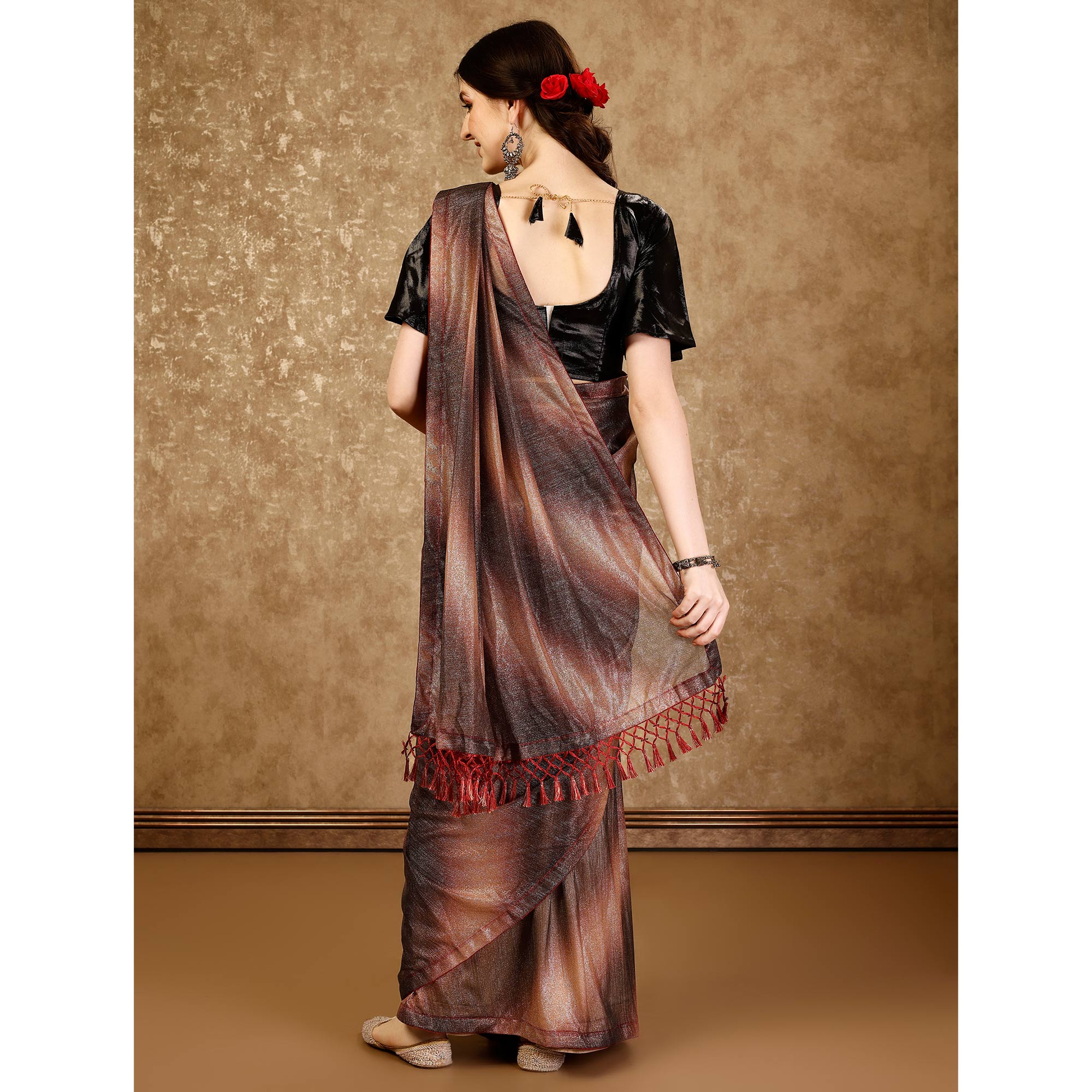 Brown Ombre Printed Lycra Ready To Wear Saree