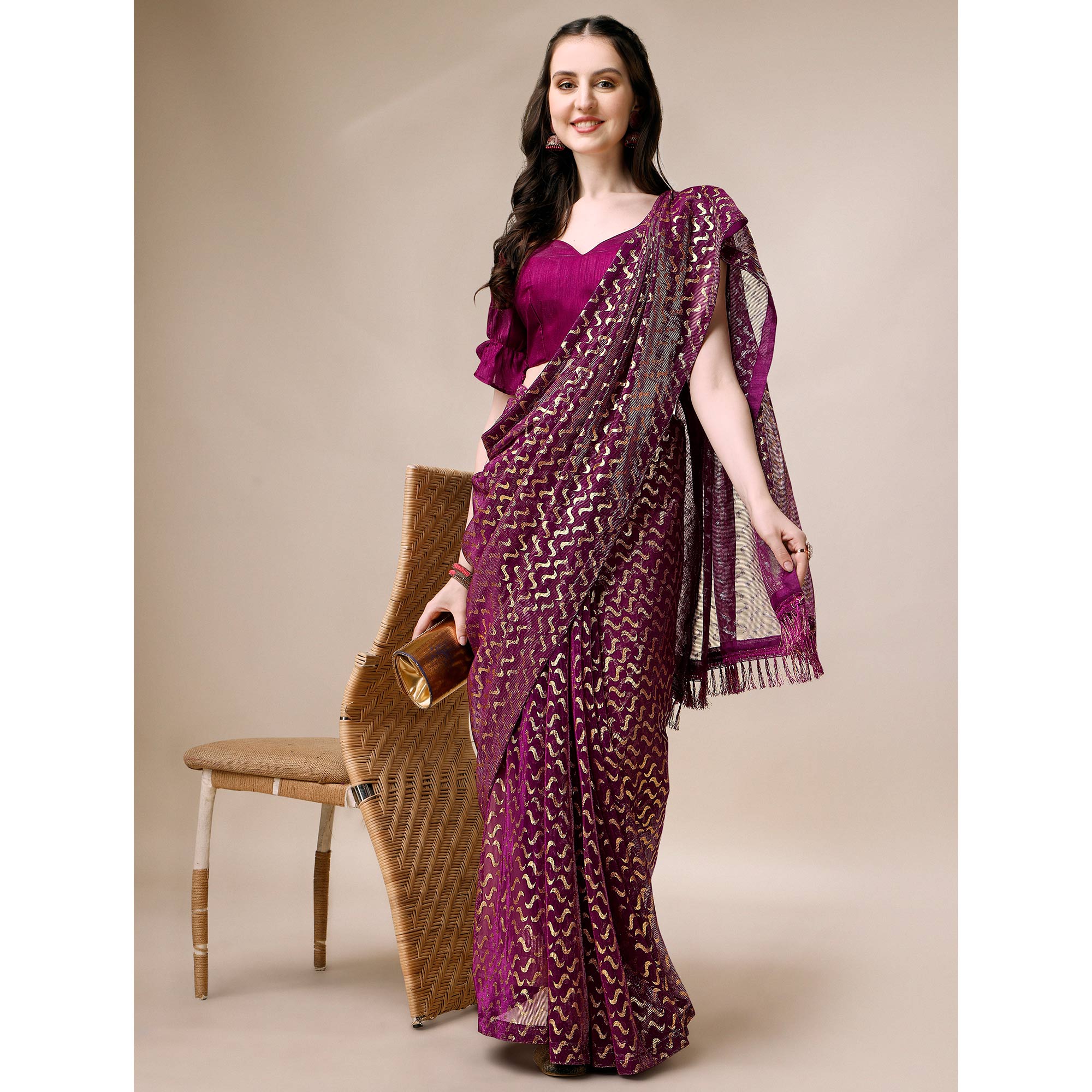 Wine Foil Printed Rayon Saree