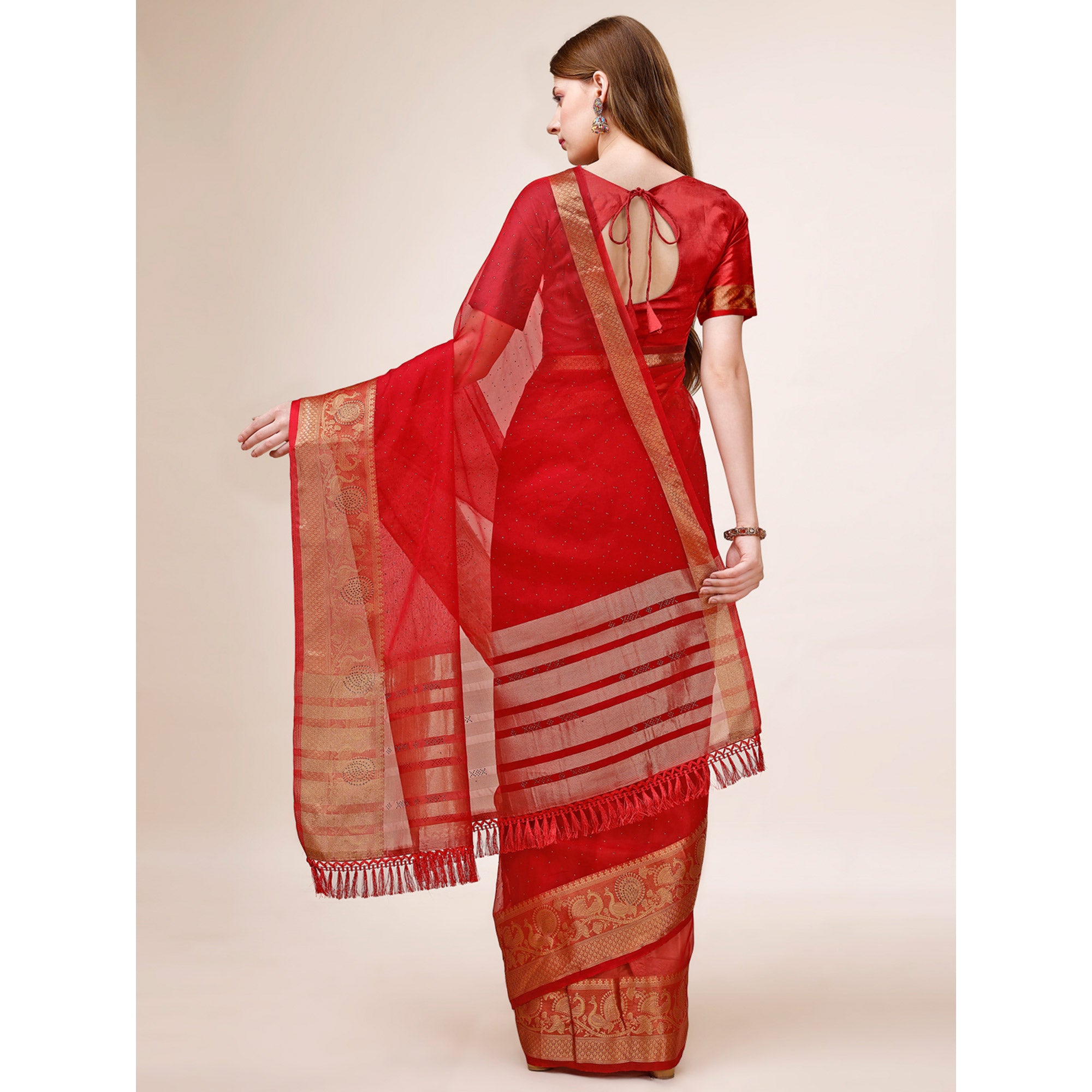 Red Swarovski Work Organza Saree With Tassels