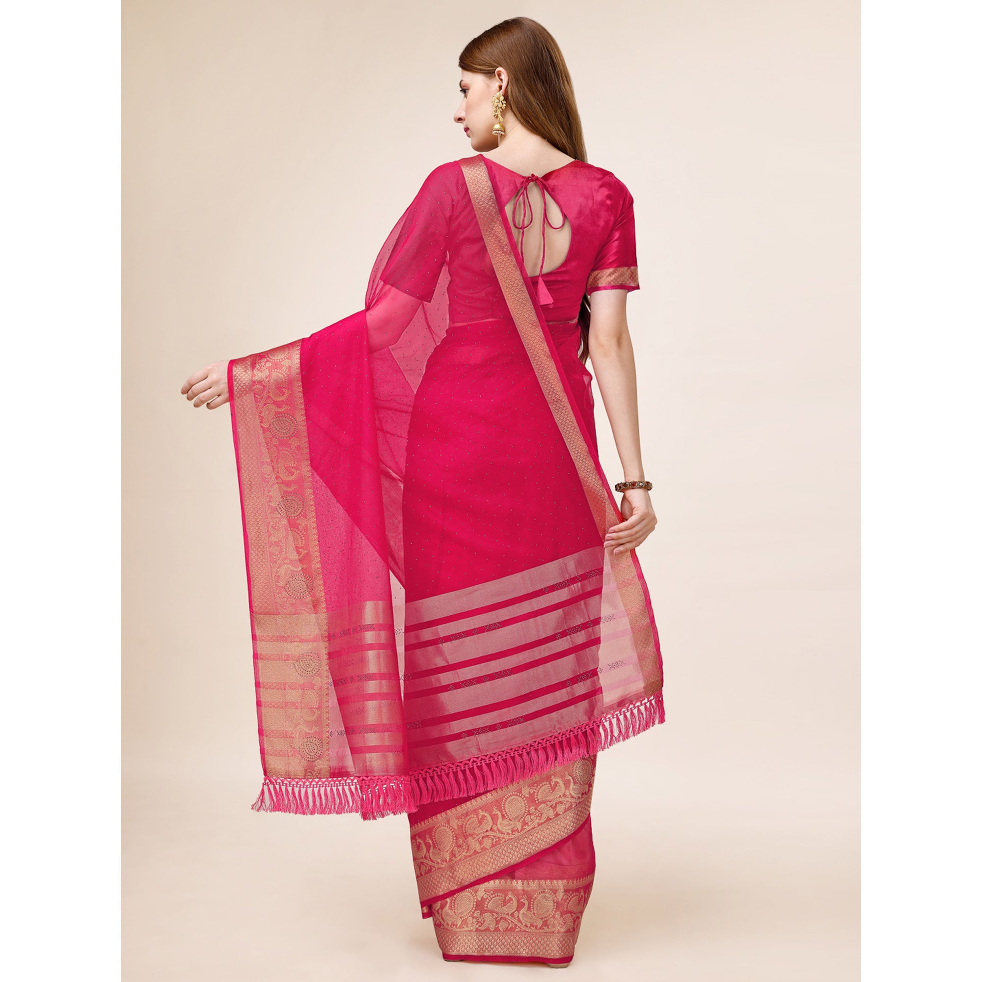 Pink Swarovski Work Organza Saree With Tassels