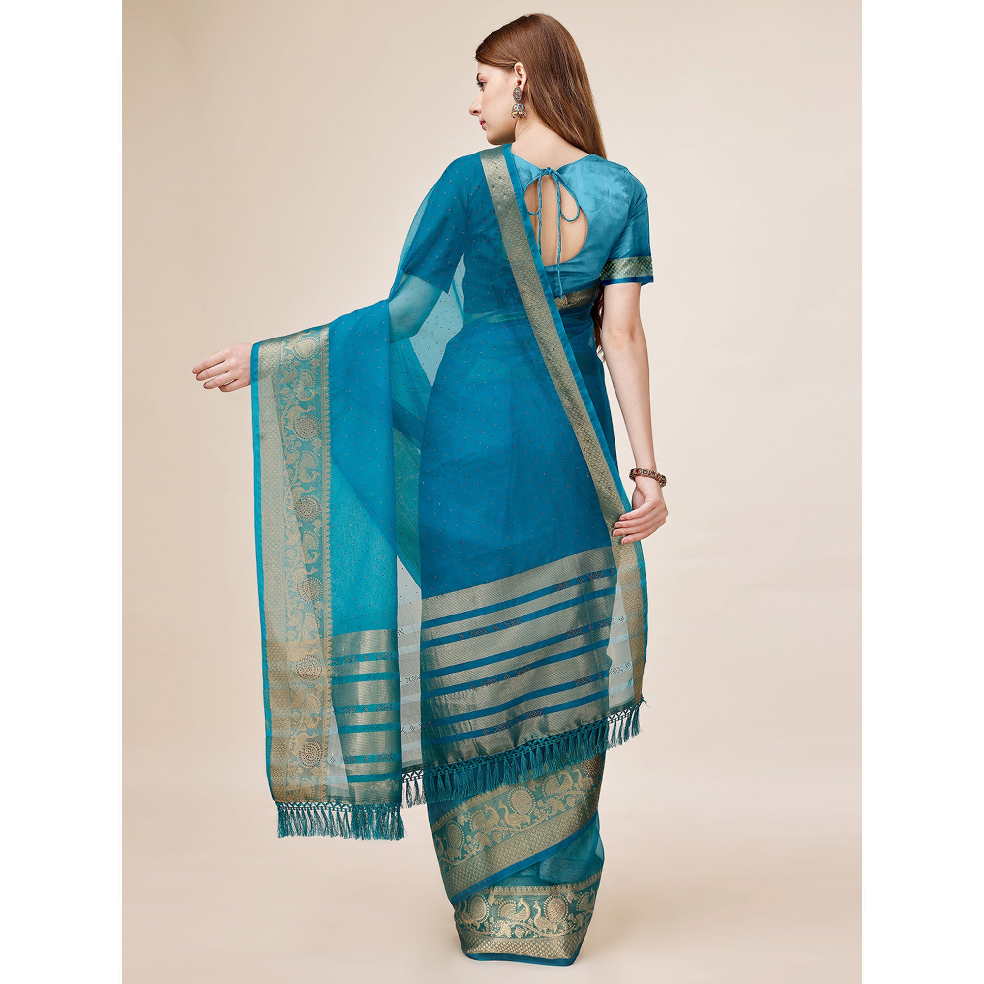 Blue Swarovski Work Organza Saree With Tassels