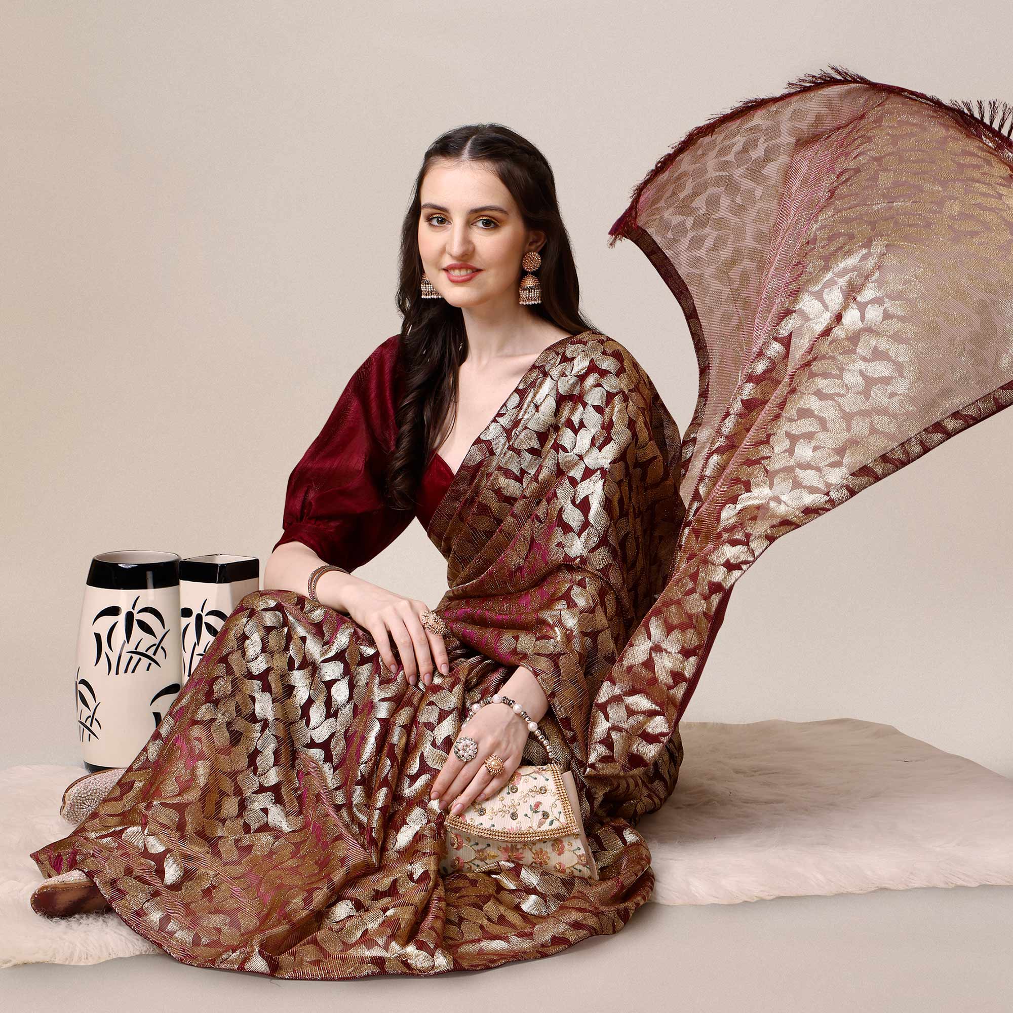 Wine & Gold Foil Printed Rayon Saree