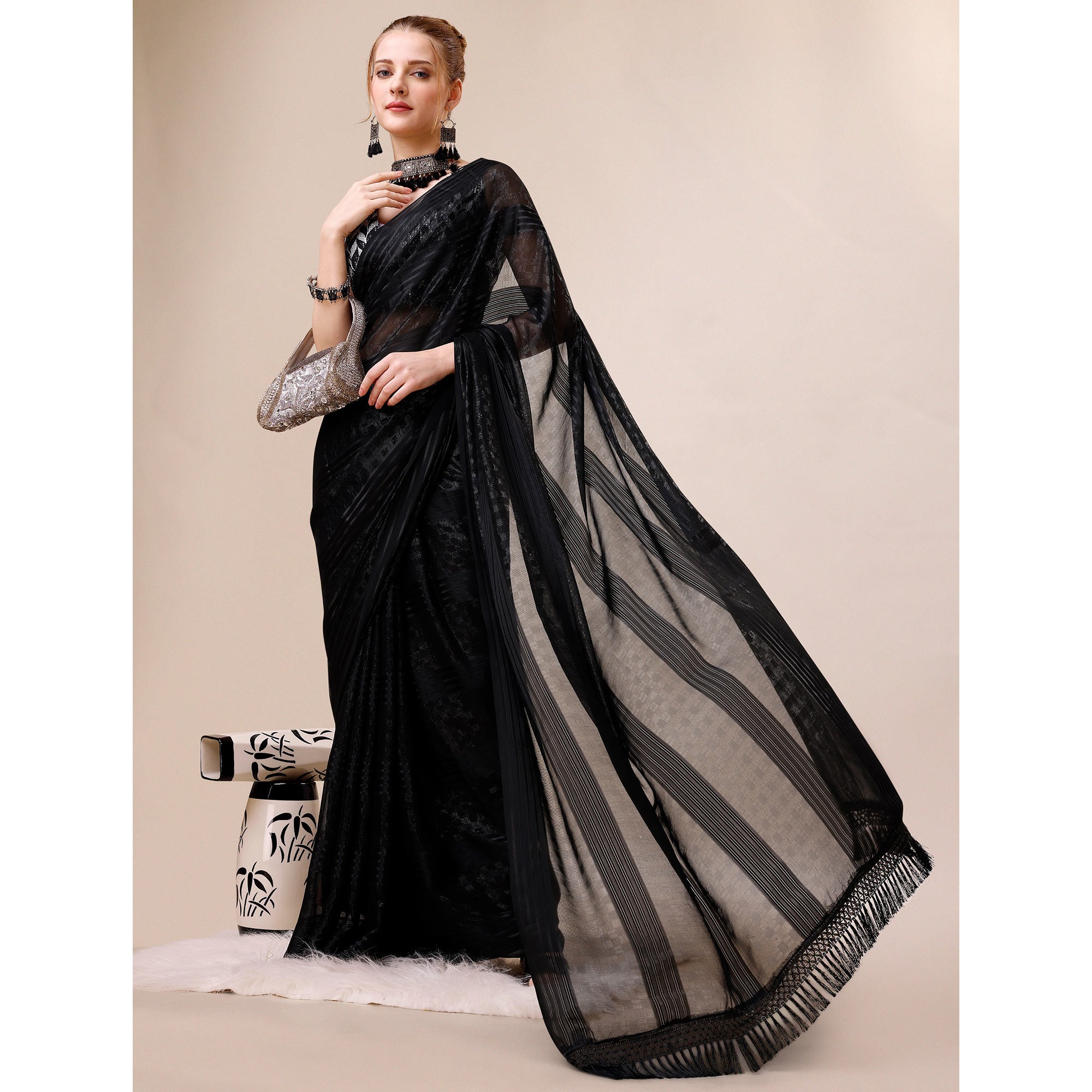 Black Striped Woven Chiffon Saree