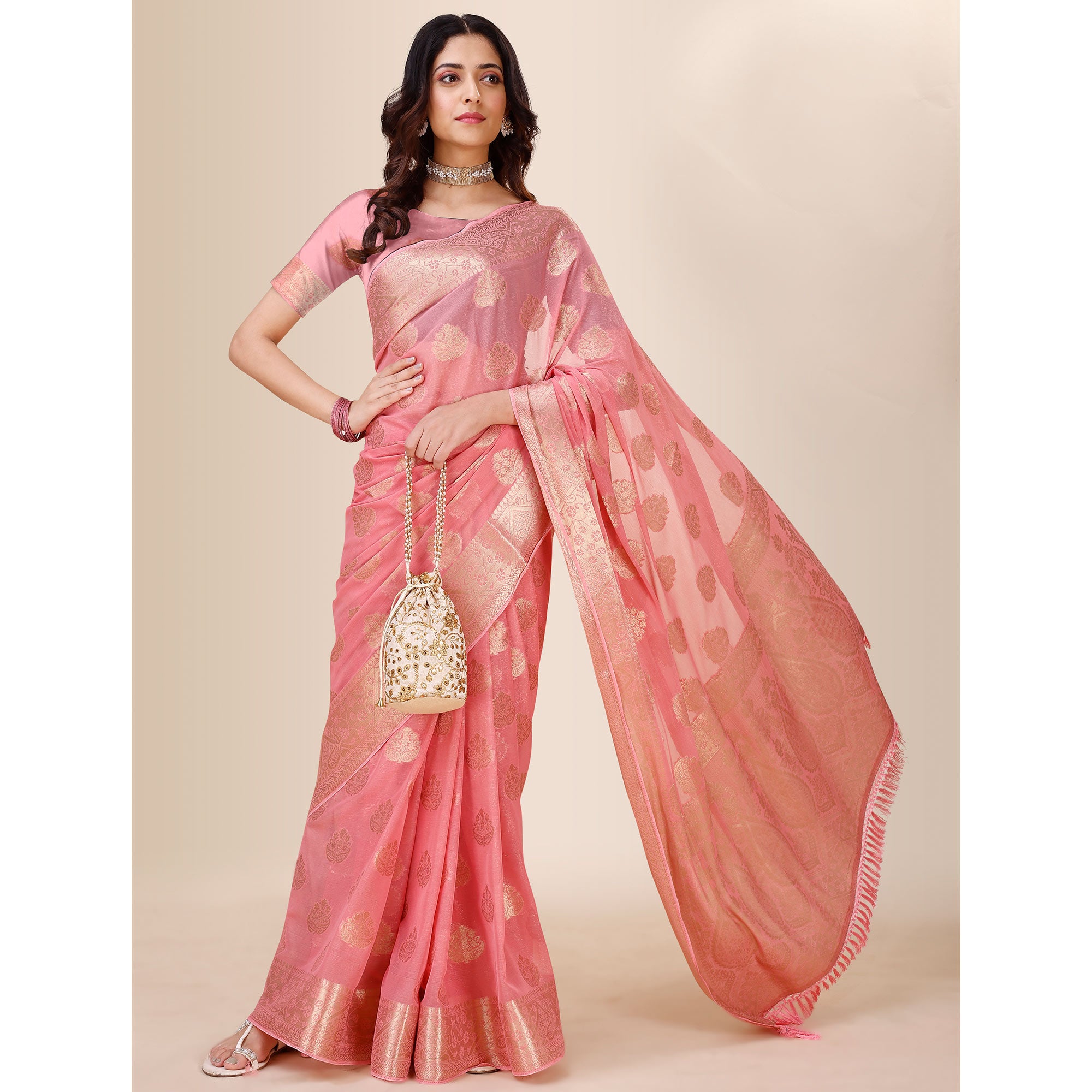 Light Pink Woven Chiffon Saree