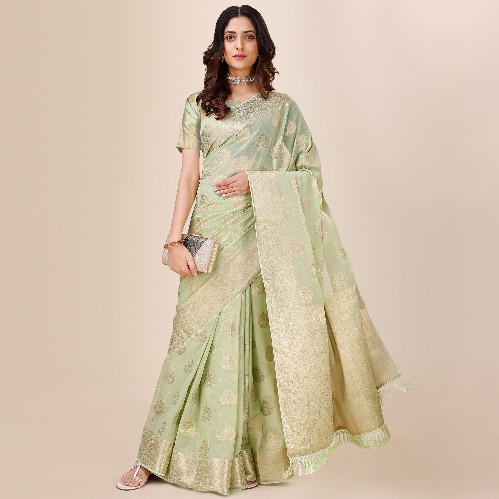 Light Green Woven Chiffon Saree