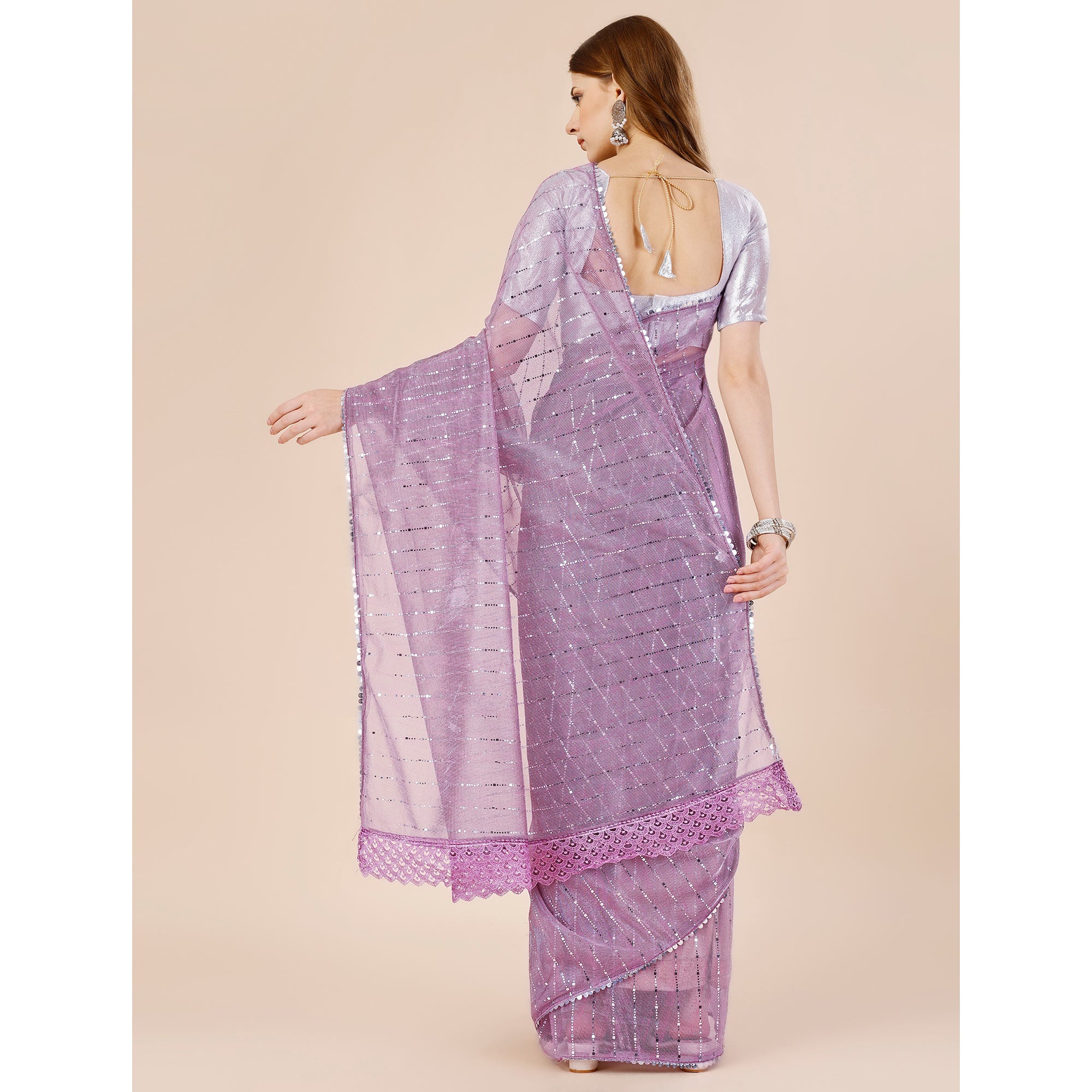 Lavender Tikki Work Lycra Saree With Embroidered Border