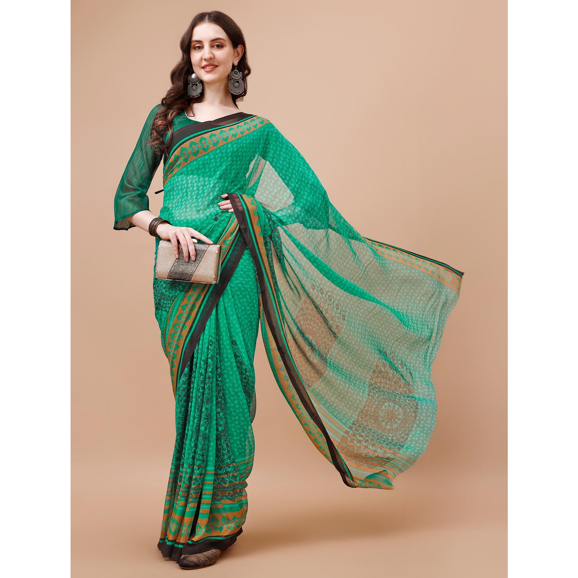 Green Floral Printed Georgette Saree