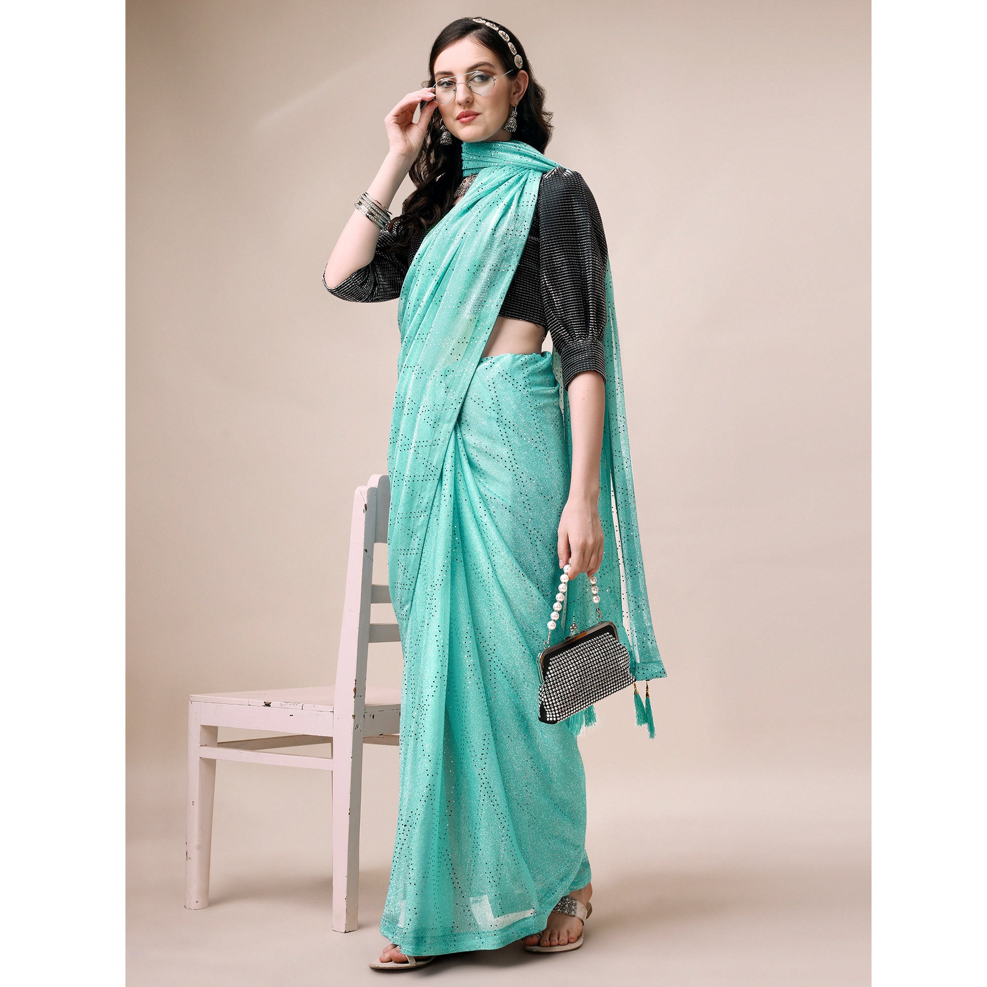 Turquoise Foil Printed Raw Silk Saree