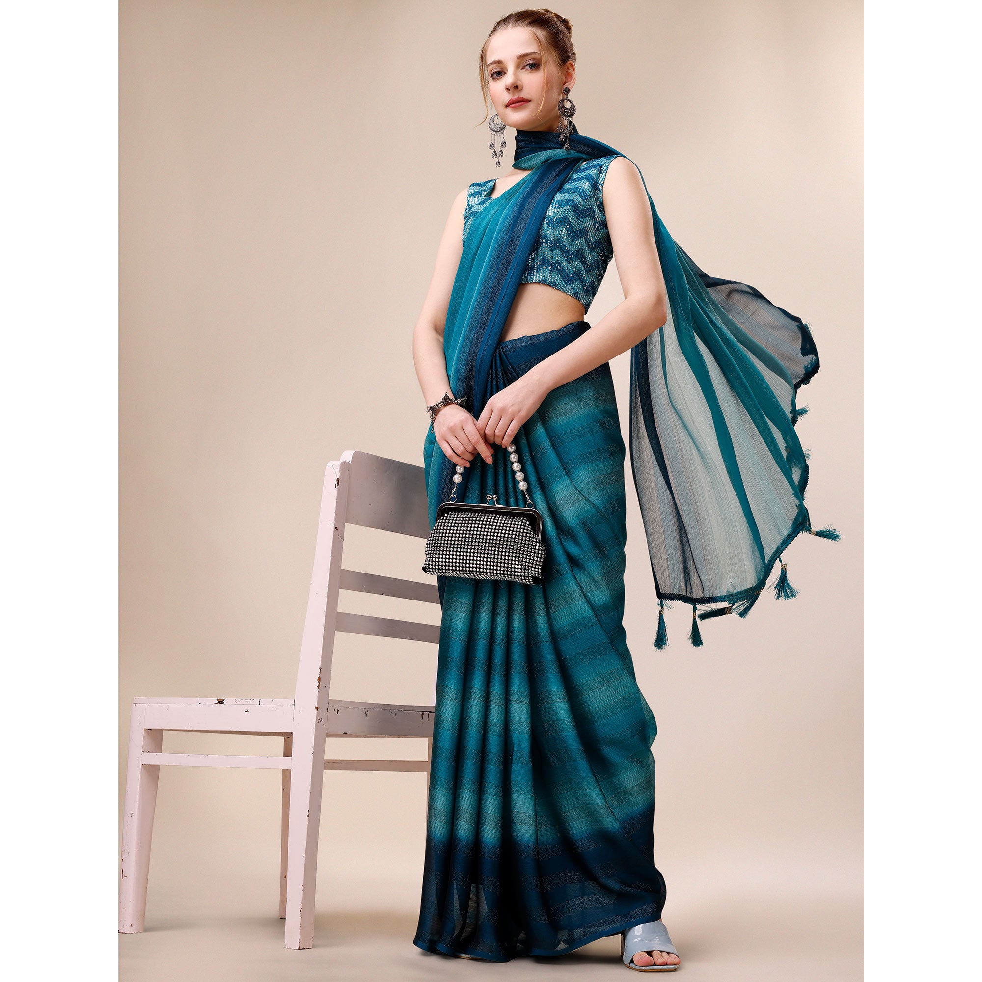 Teal Blue Striped Woven Chiffon Saree