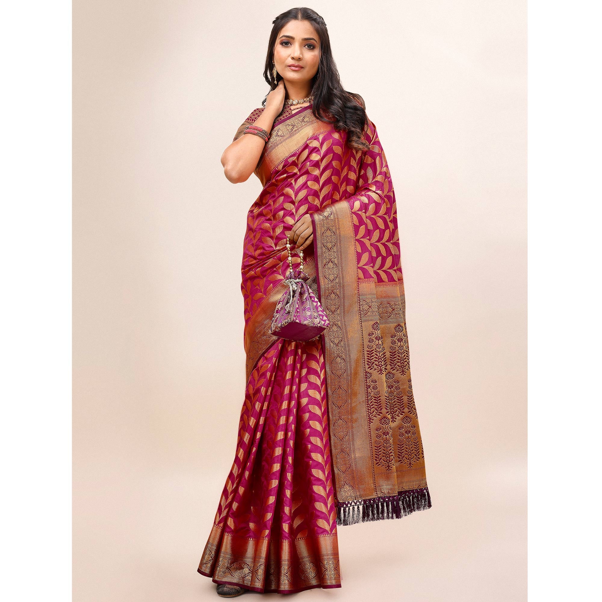 Pink Woven Dola Silk Saree With Tassels