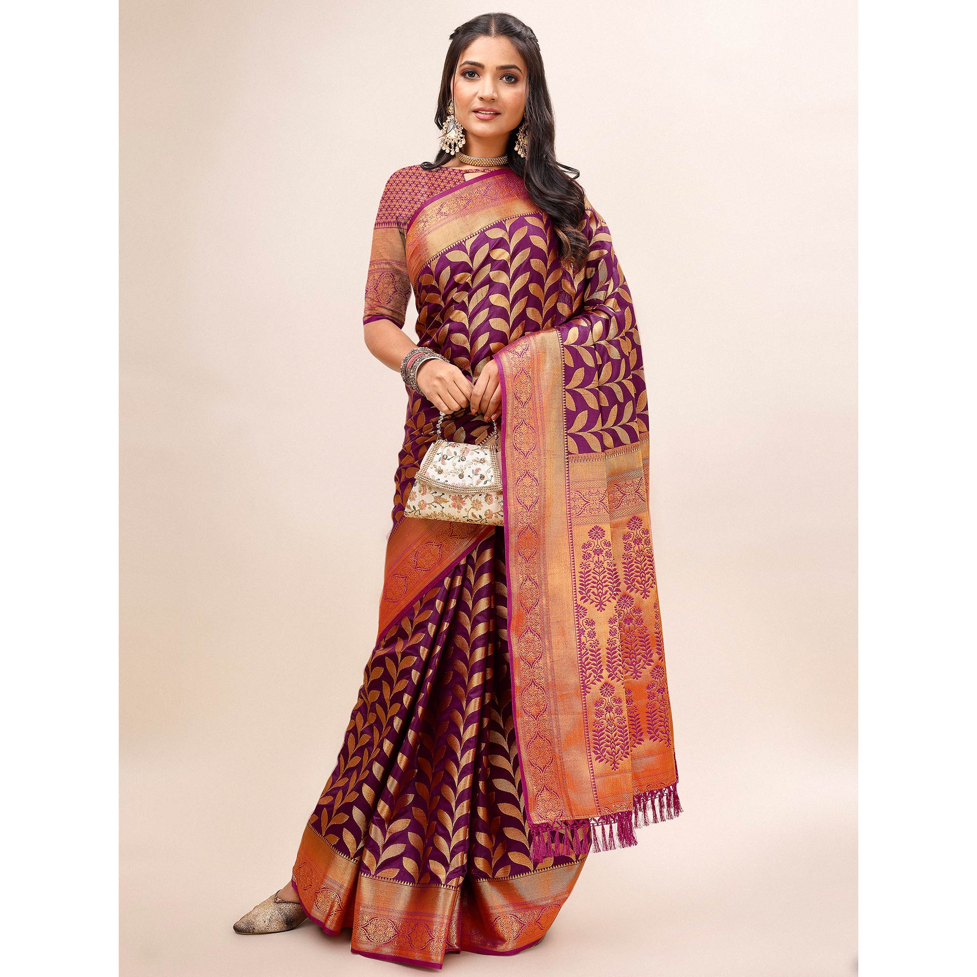 Purple Woven Dola Silk Saree With Tassels