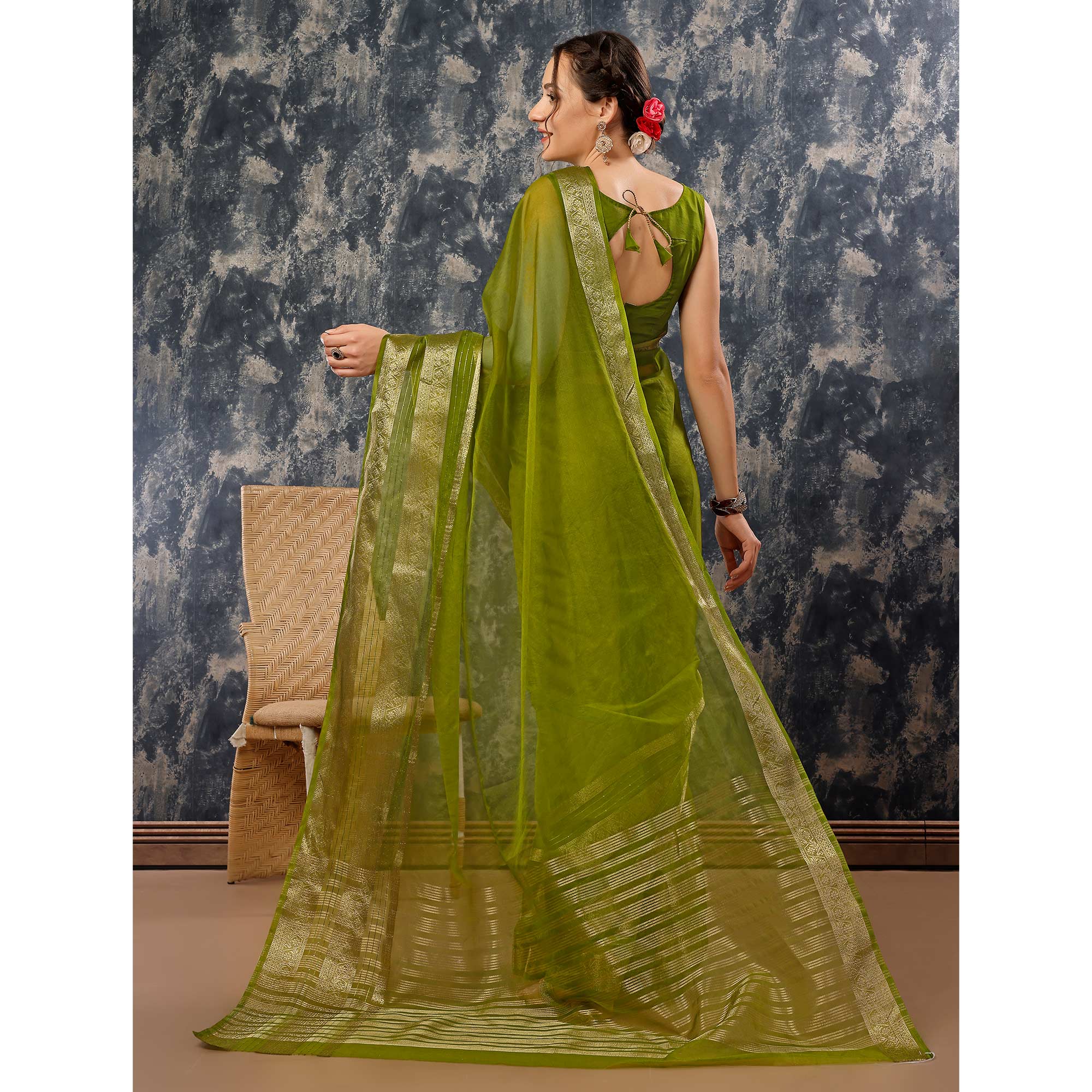 Mehendi Green Floral Zari Woven Organza Saree